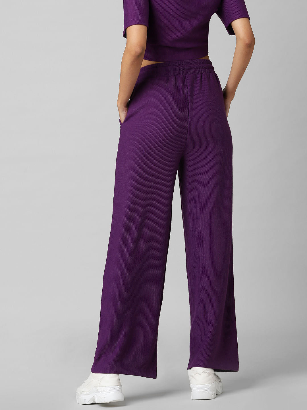 Purple Ribbed Wide Leg Co-Ord Pants