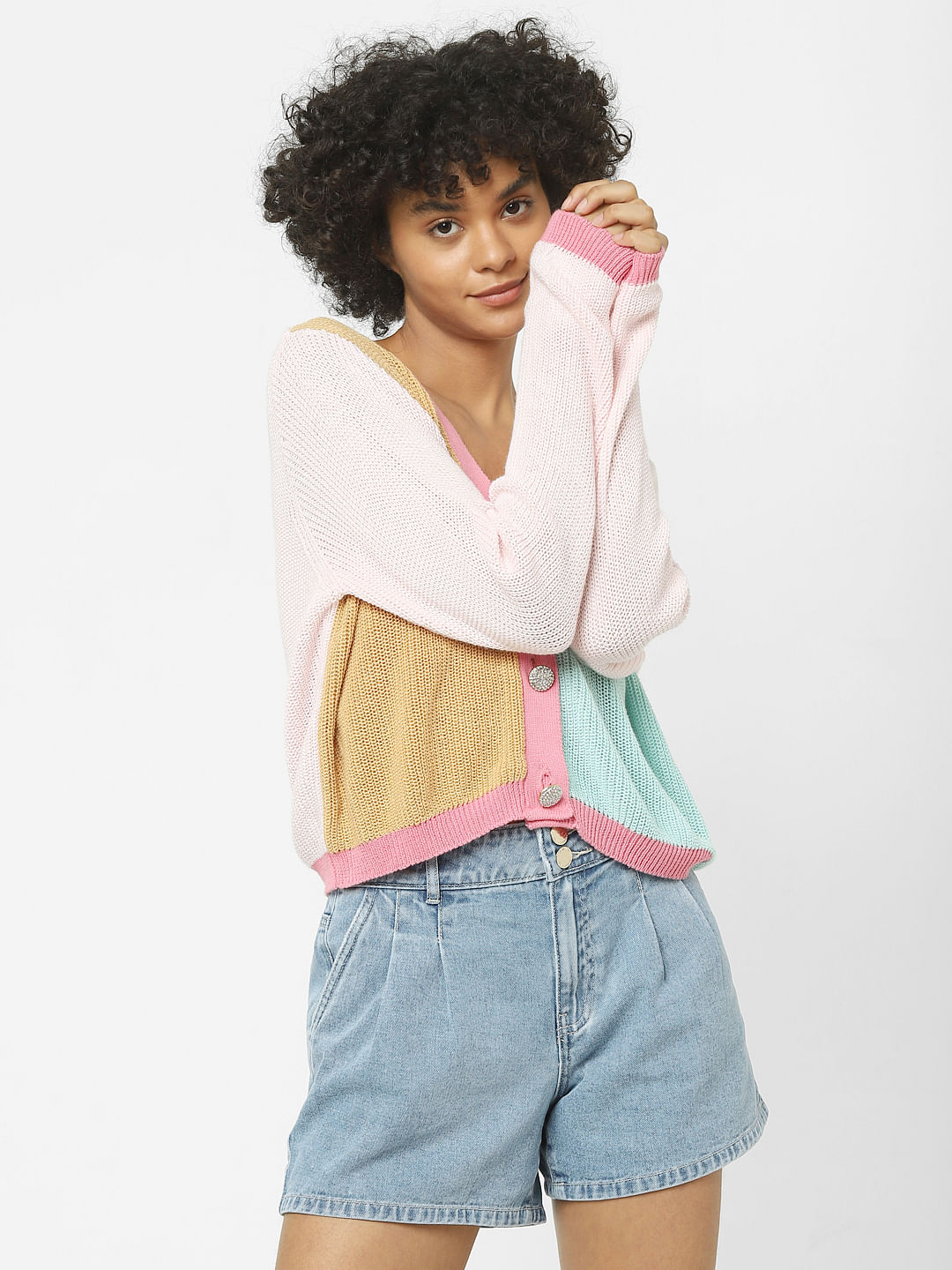 Pink Colourblocked Cardigan
