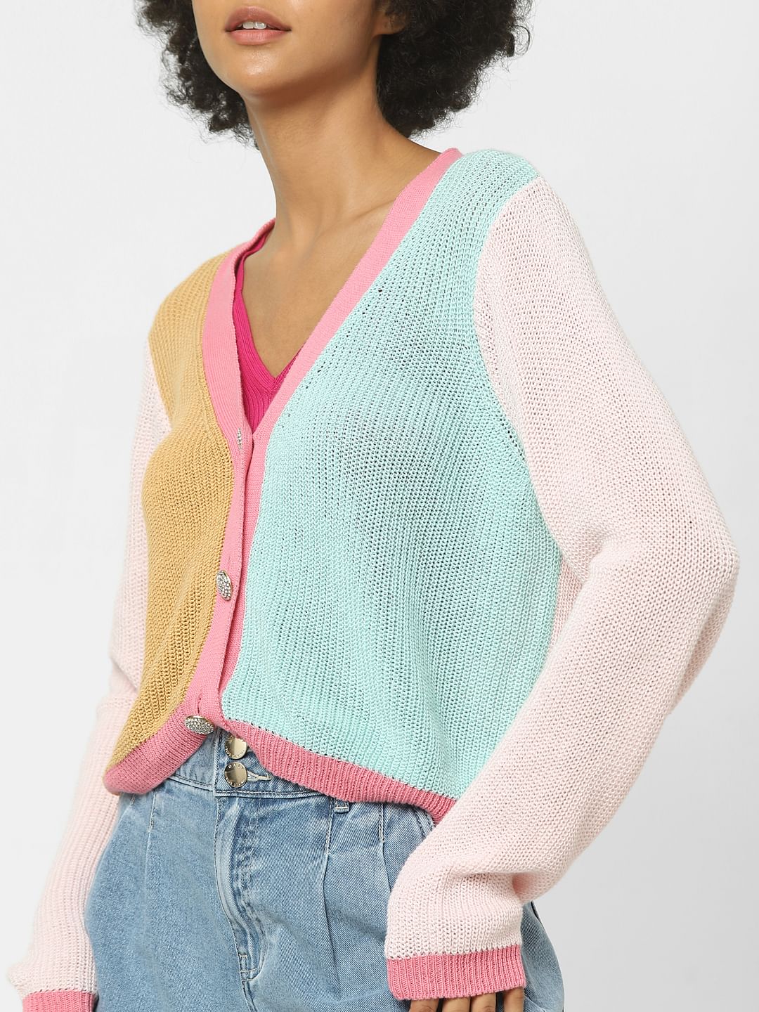 Pink Colourblocked Cardigan