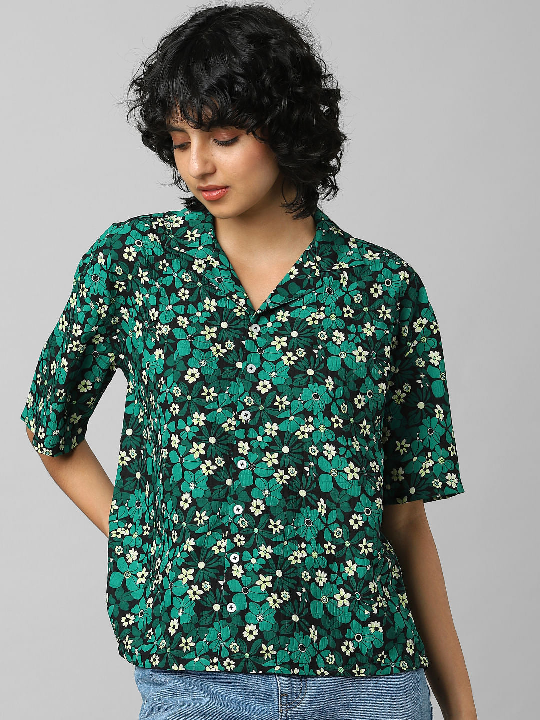 Green Floral Resort Collar Shirt