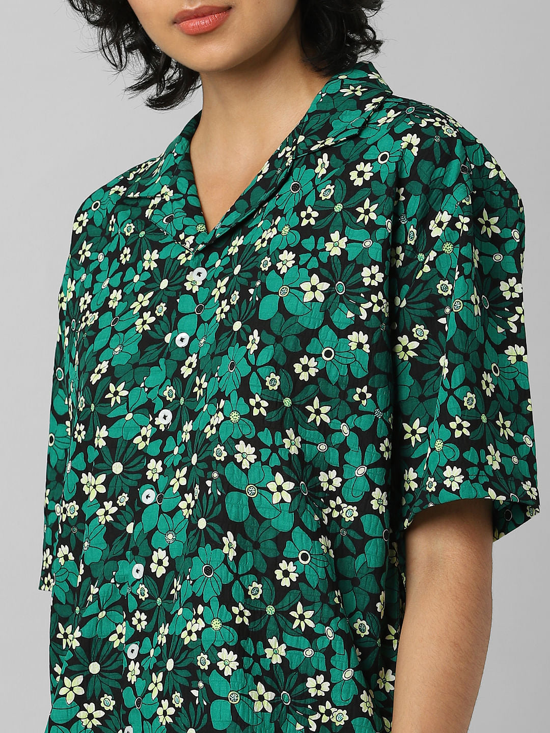 Green Floral Resort Collar Shirt