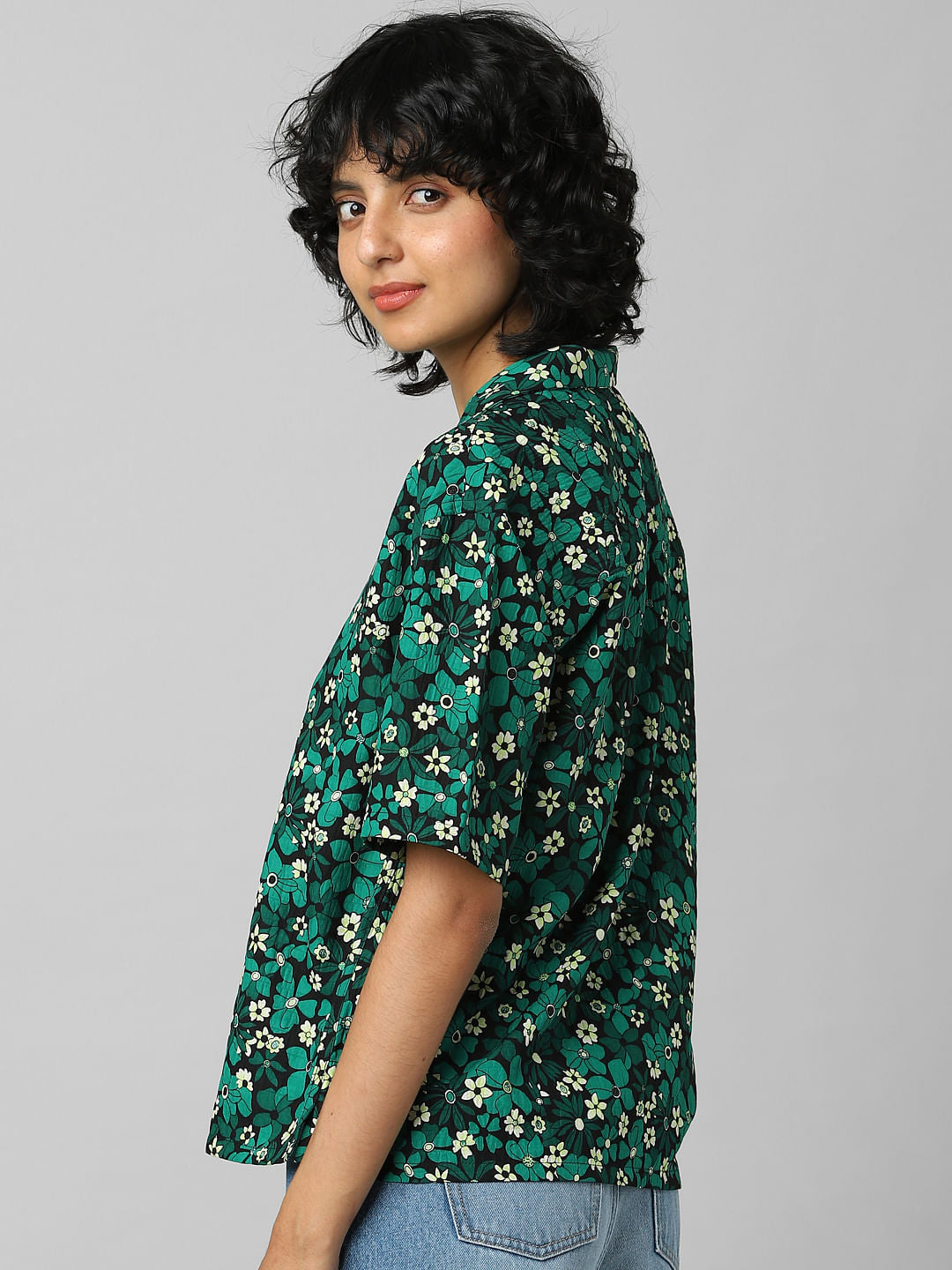 Green Floral Resort Collar Shirt