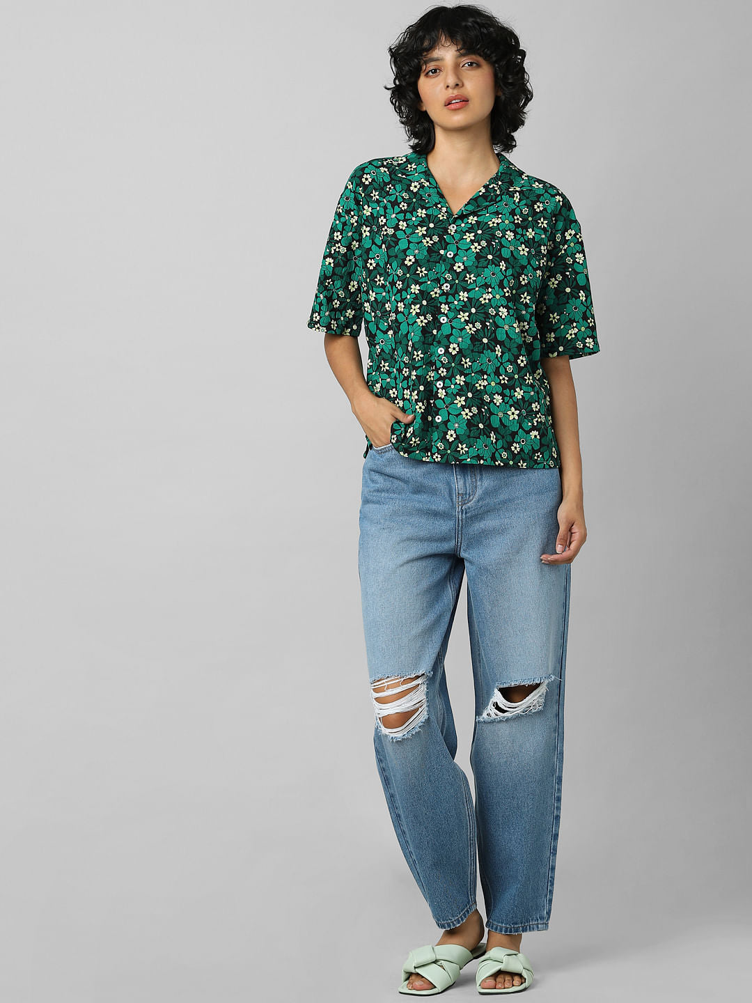 Green Floral Resort Collar Shirt