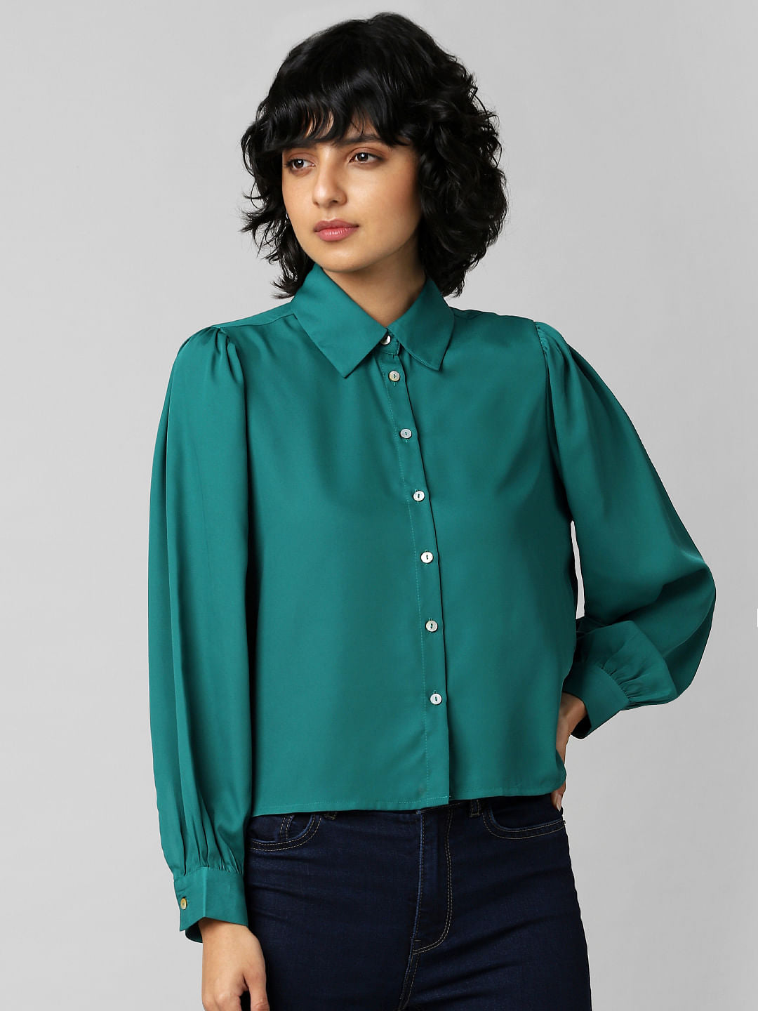 Green Balloon Sleeved Satin Shirt