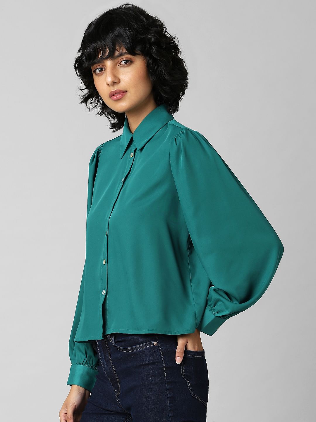 Green Balloon Sleeved Satin Shirt