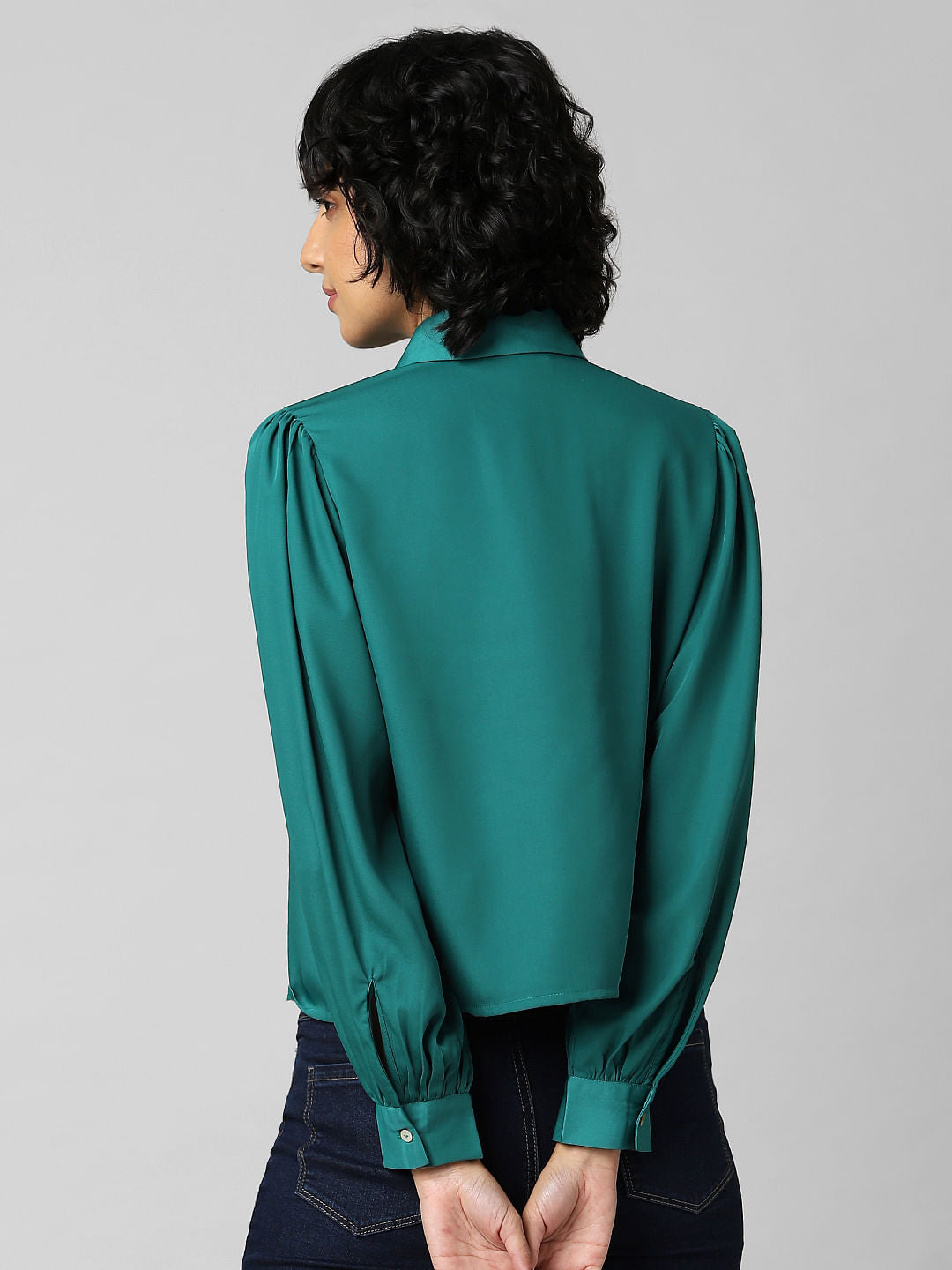 Green Balloon Sleeved Satin Shirt