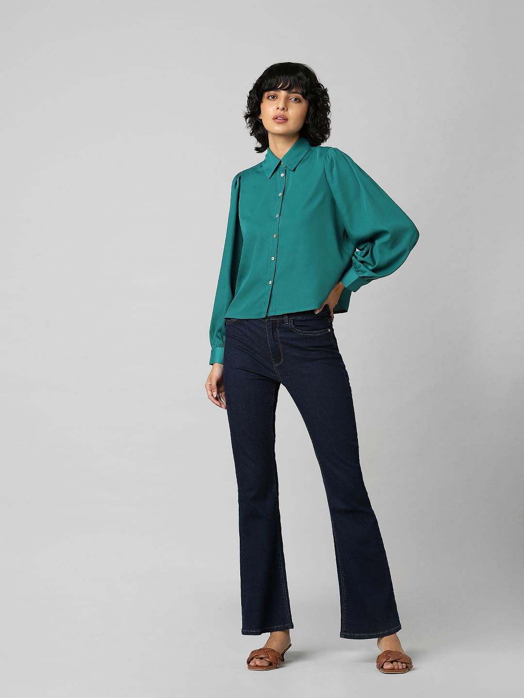 Green Balloon Sleeved Satin Shirt