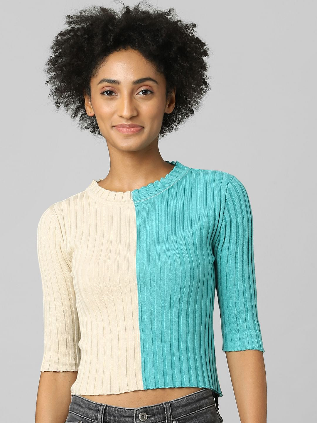 Green Colourblocked Ribbed Pullover