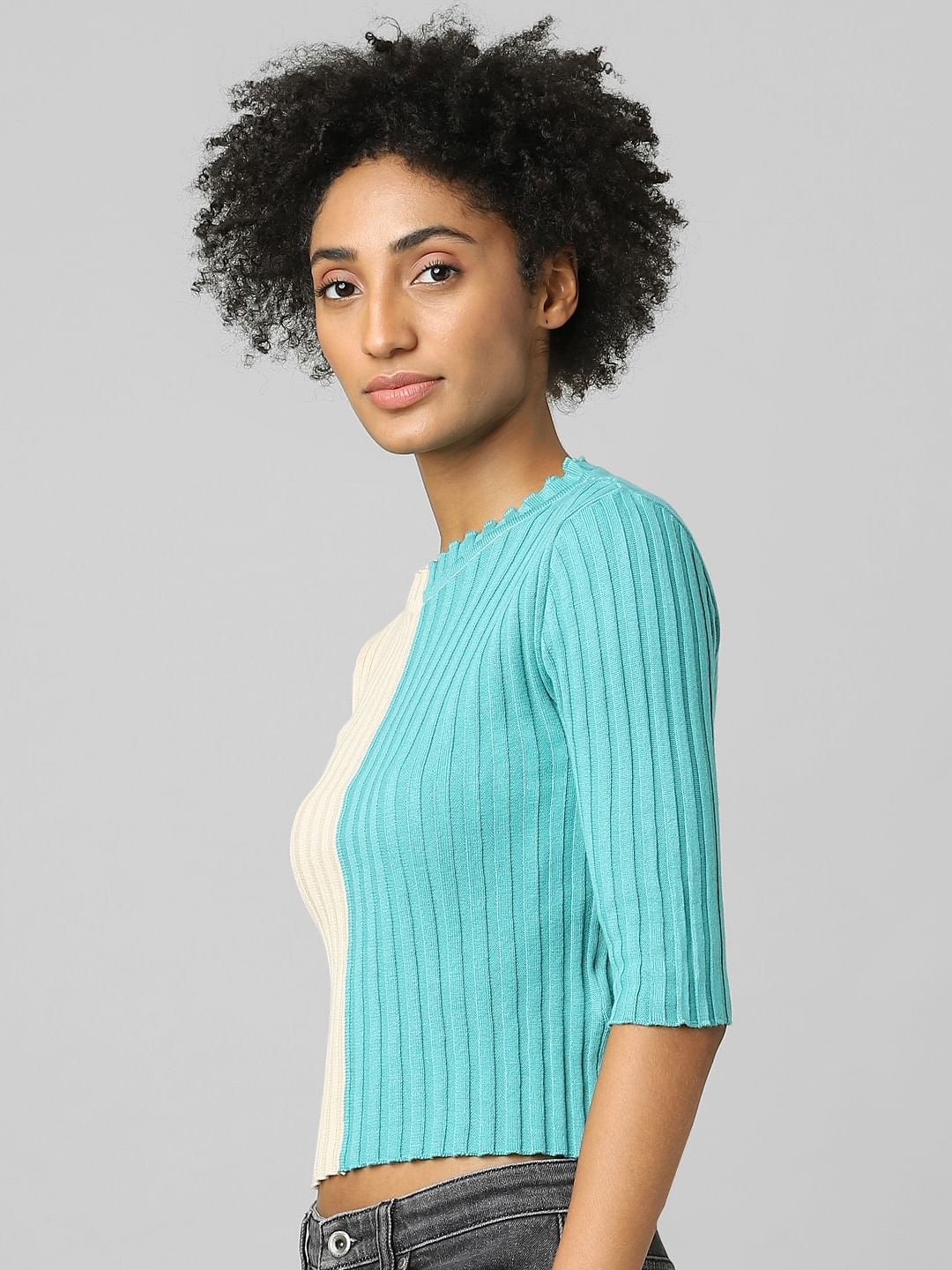 Green Colourblocked Ribbed Pullover