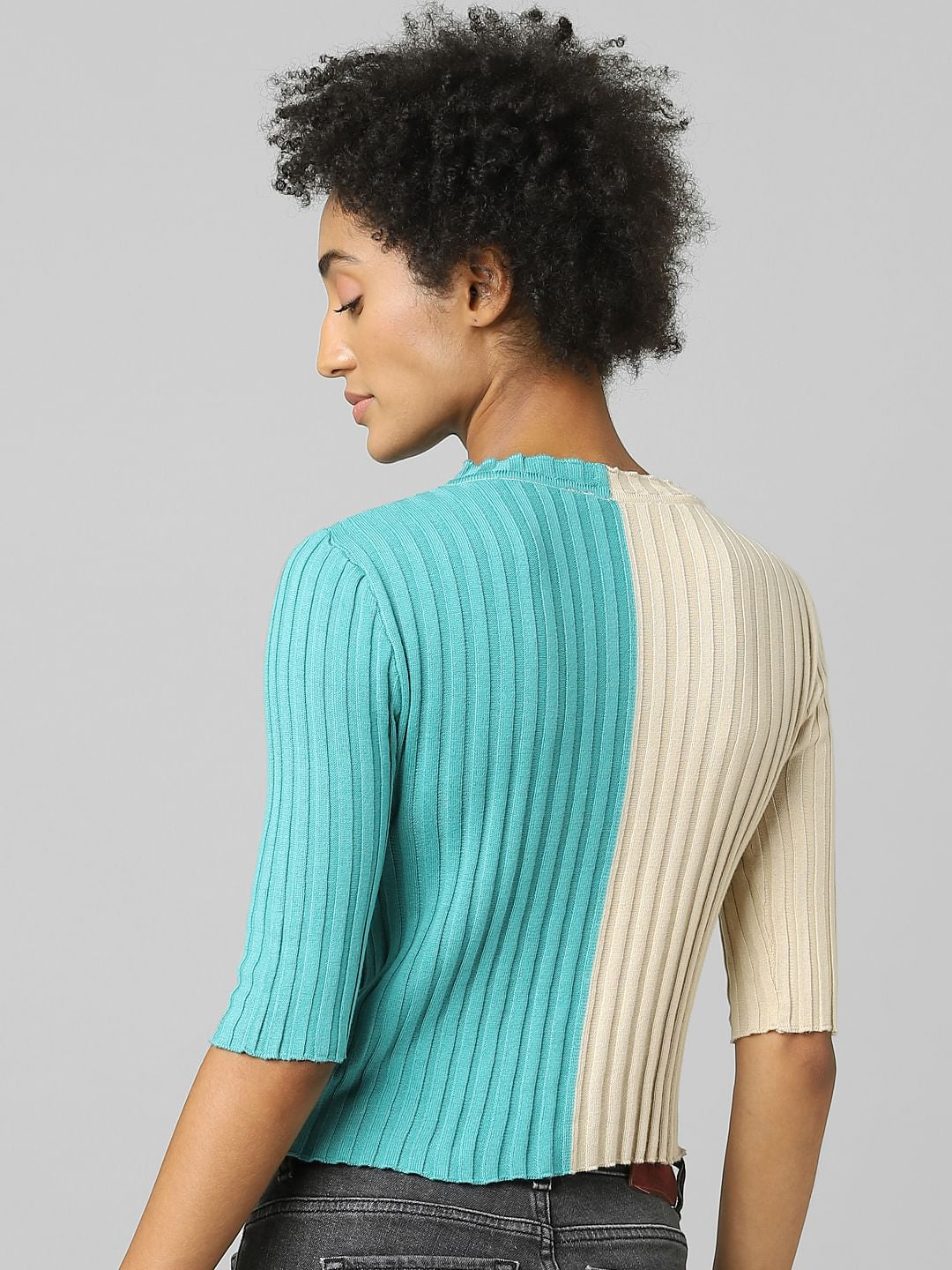 Green Colourblocked Ribbed Pullover