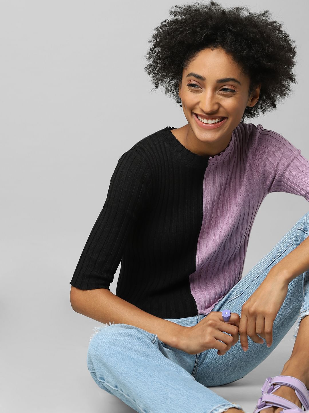 Black Colourblocked Ribbed Pullover