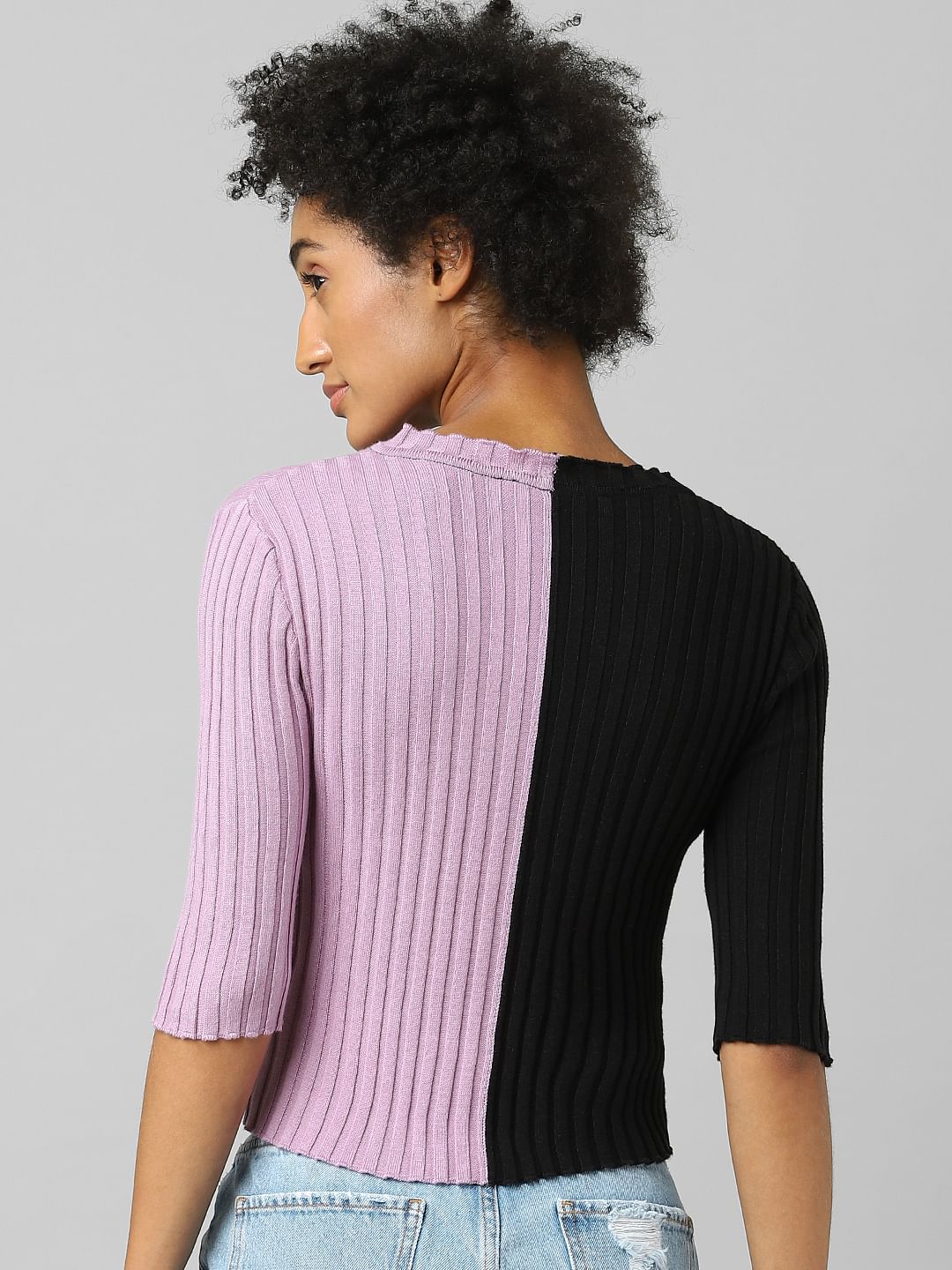 Black Colourblocked Ribbed Pullover