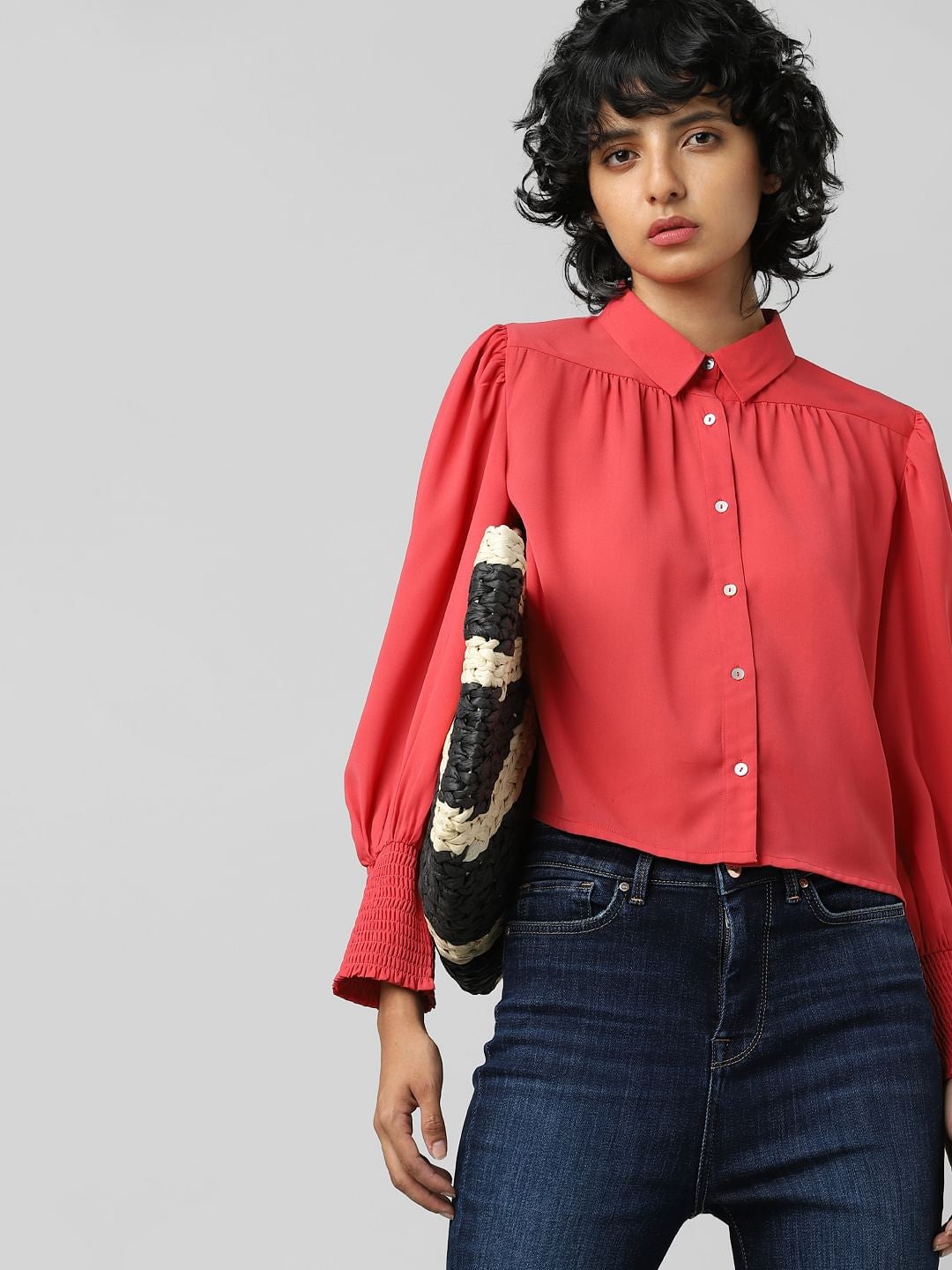 Red Smocked Sleeve Shirt