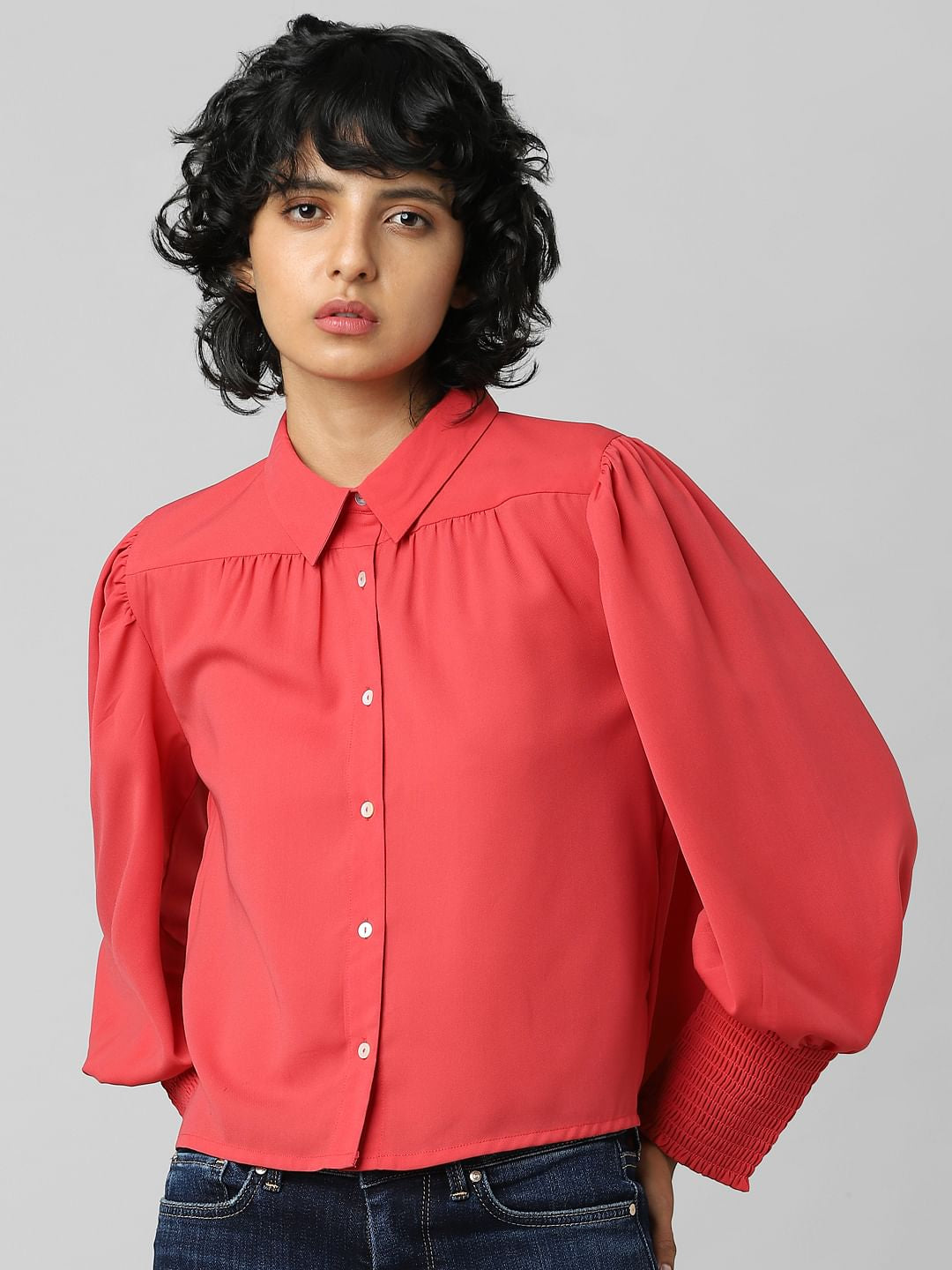 Red Smocked Sleeve Shirt