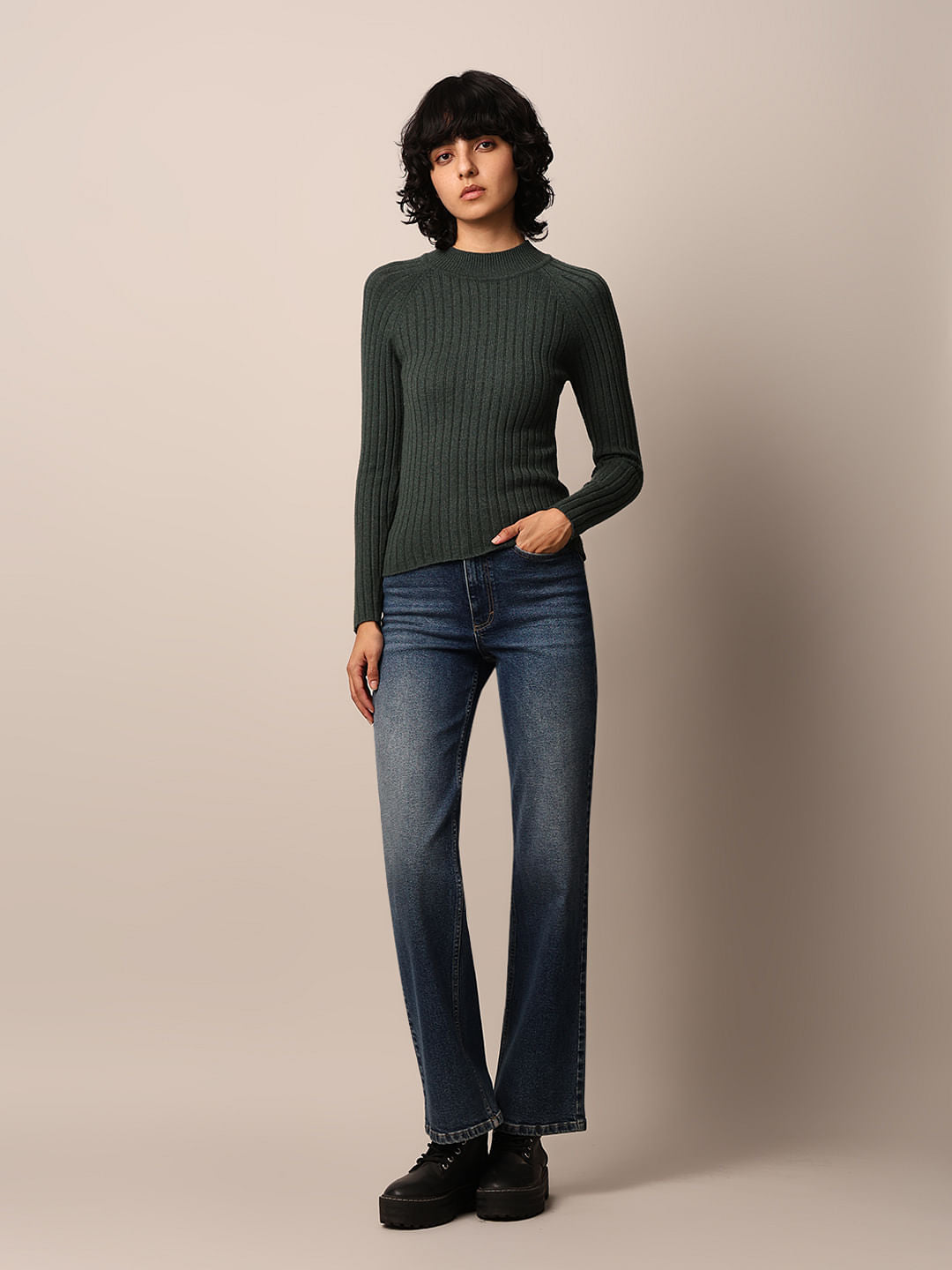 Dark Green Rib-Knit Turtleneck Pullover