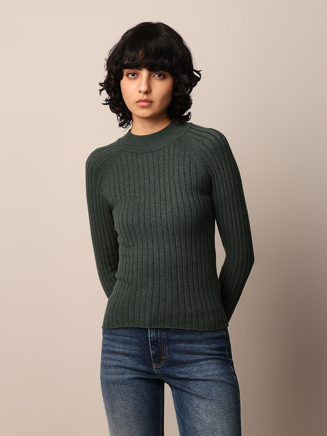 Dark Green Rib-Knit Turtleneck Pullover