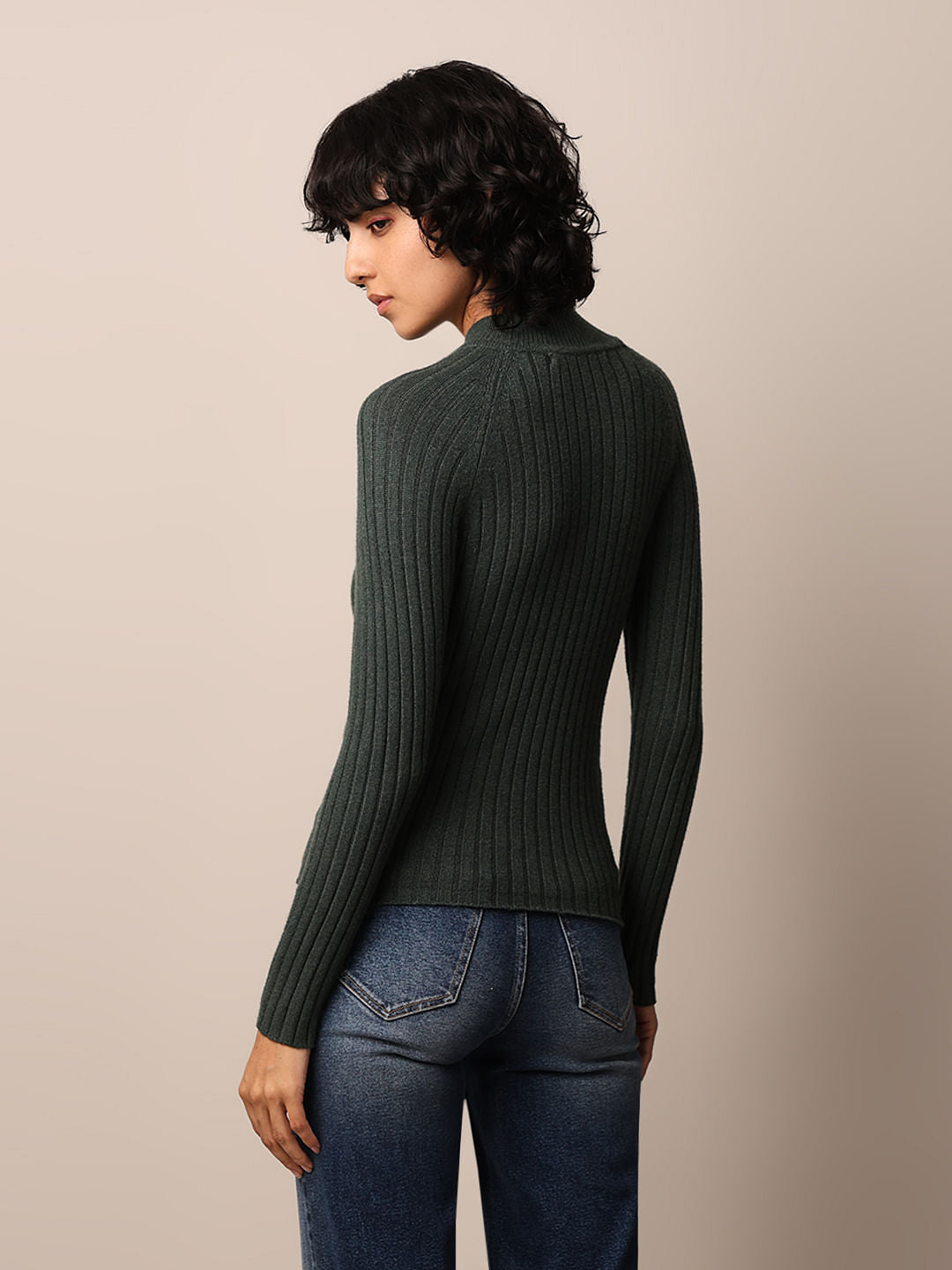 Dark Green Rib-Knit Turtleneck Pullover