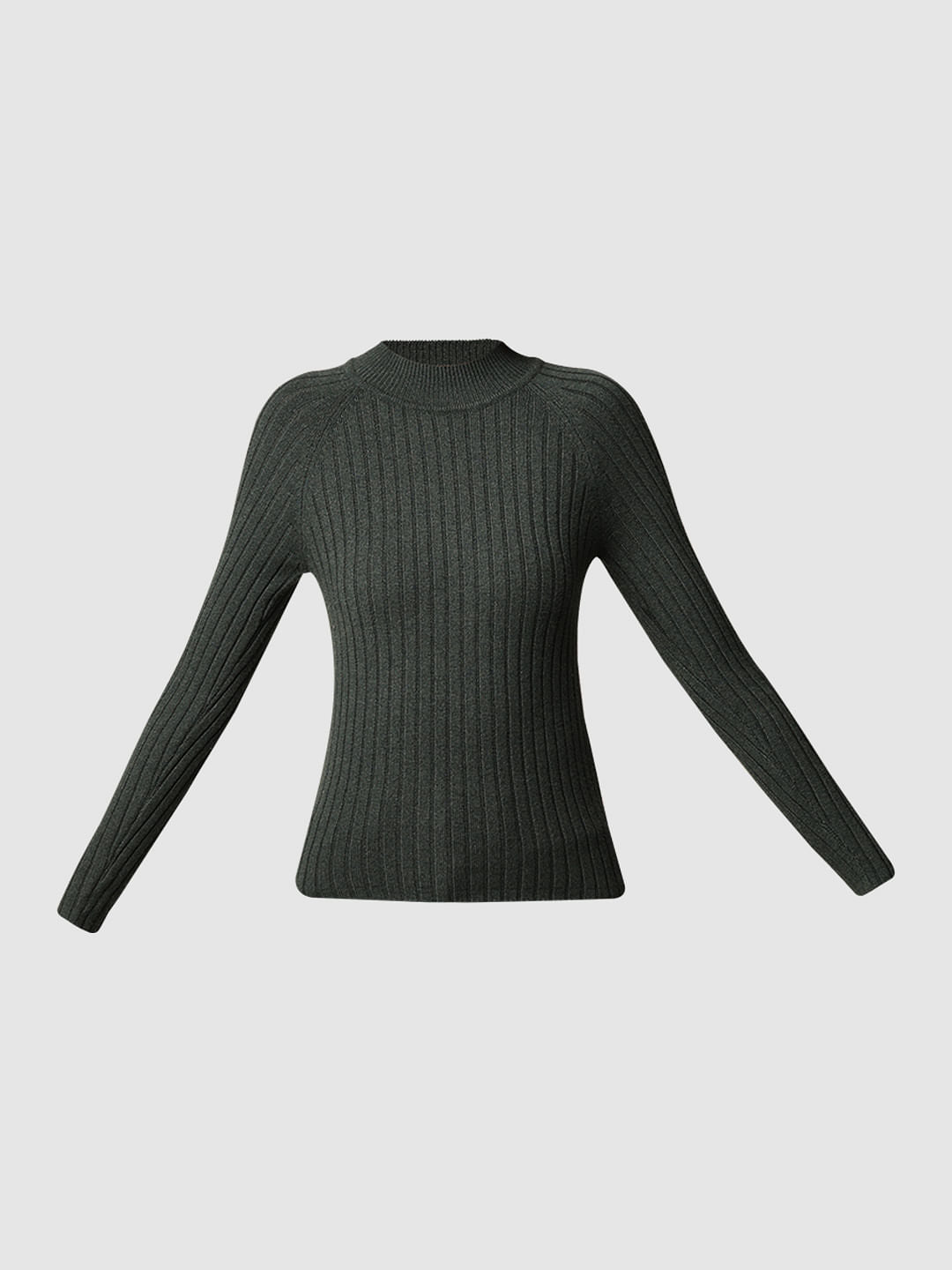 Dark Green Rib-Knit Turtleneck Pullover