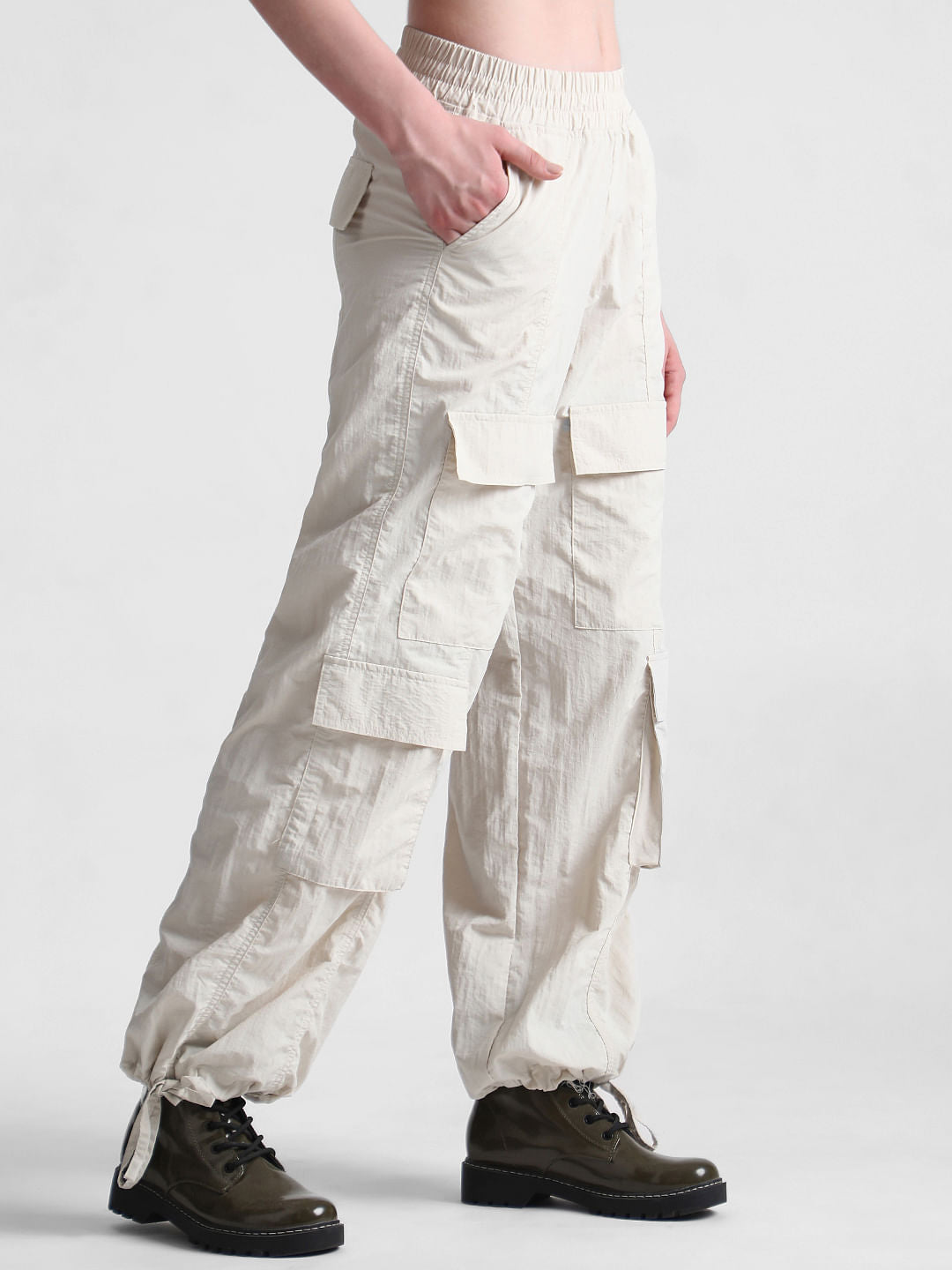 Beige Mid Rise Parachute Cargo Pants