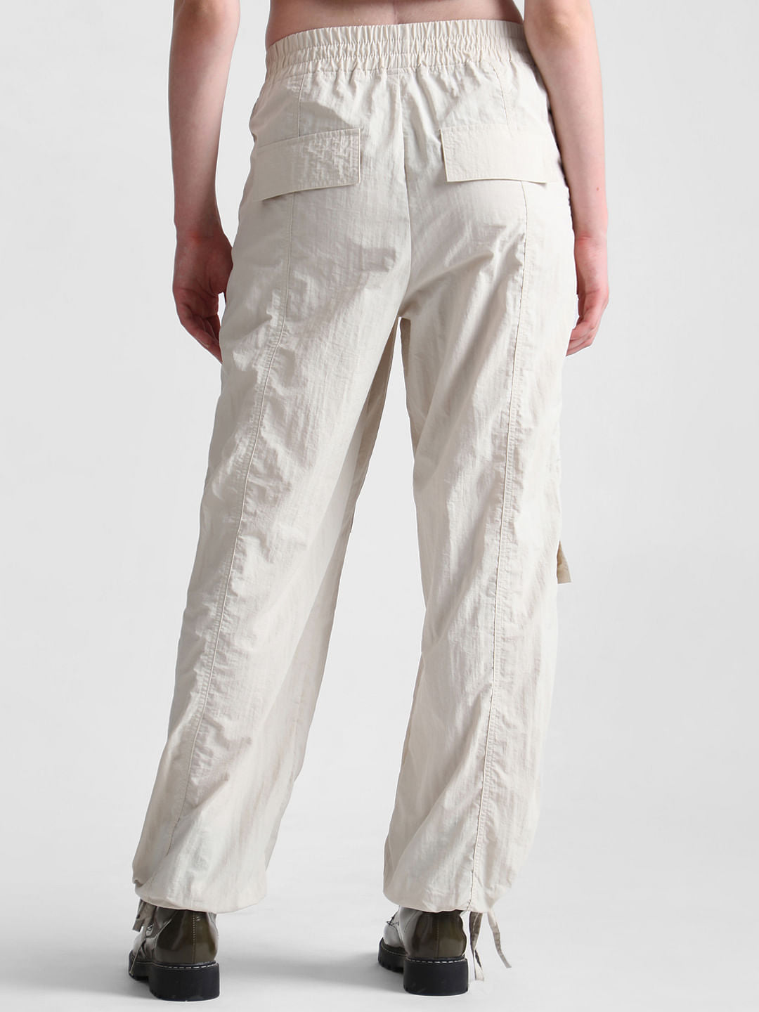 Beige Mid Rise Parachute Cargo Pants