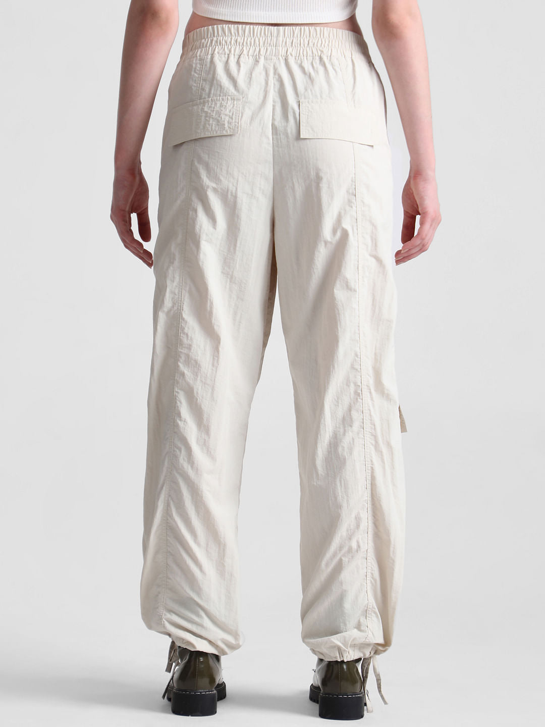 Beige Mid Rise Parachute Cargo Pants