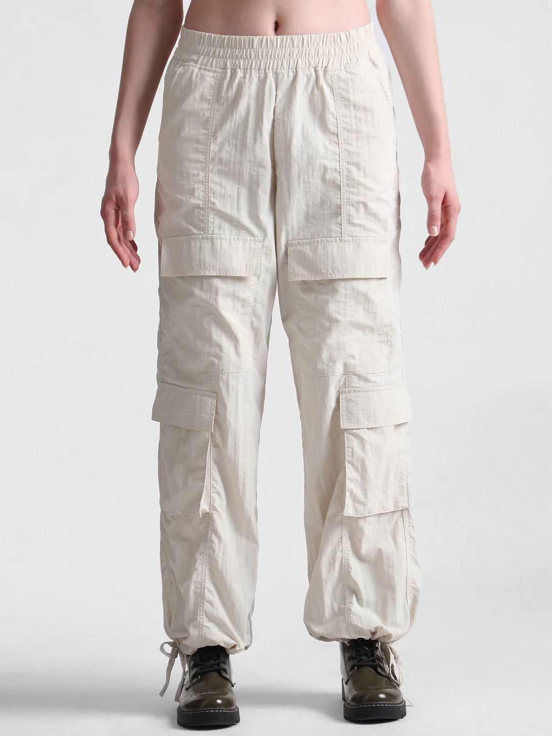 Beige Mid Rise Parachute Cargo Pants