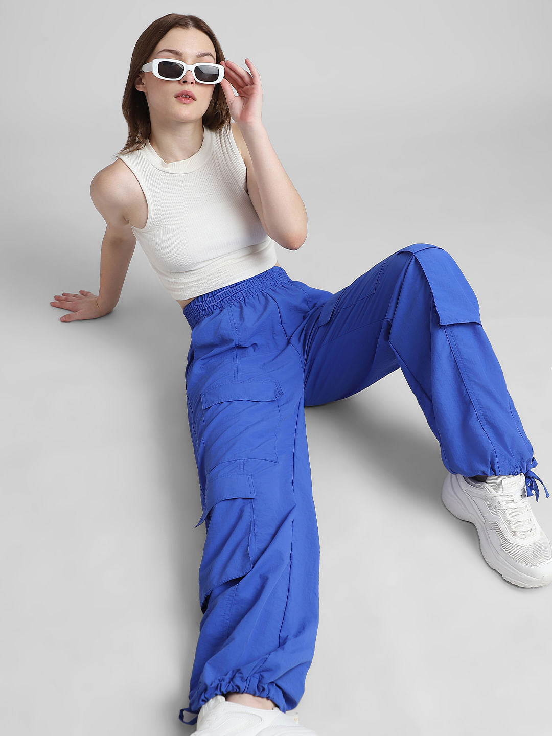 Blue Mid Rise Parachute Cargo Pants
