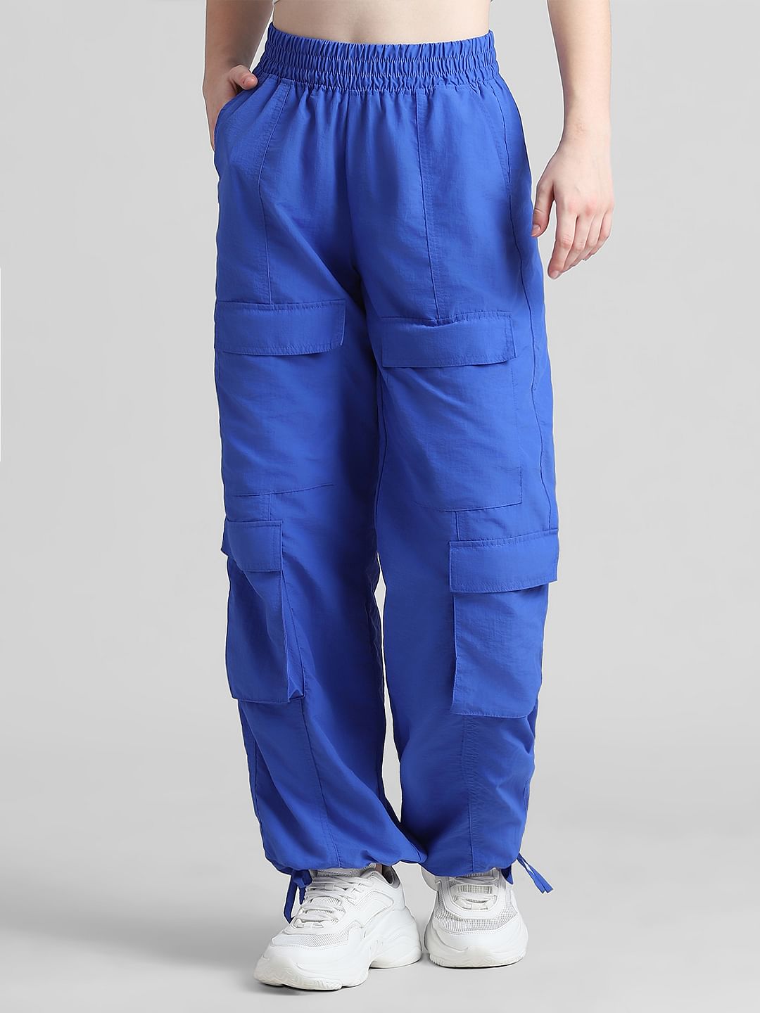 Blue Mid Rise Parachute Cargo Pants