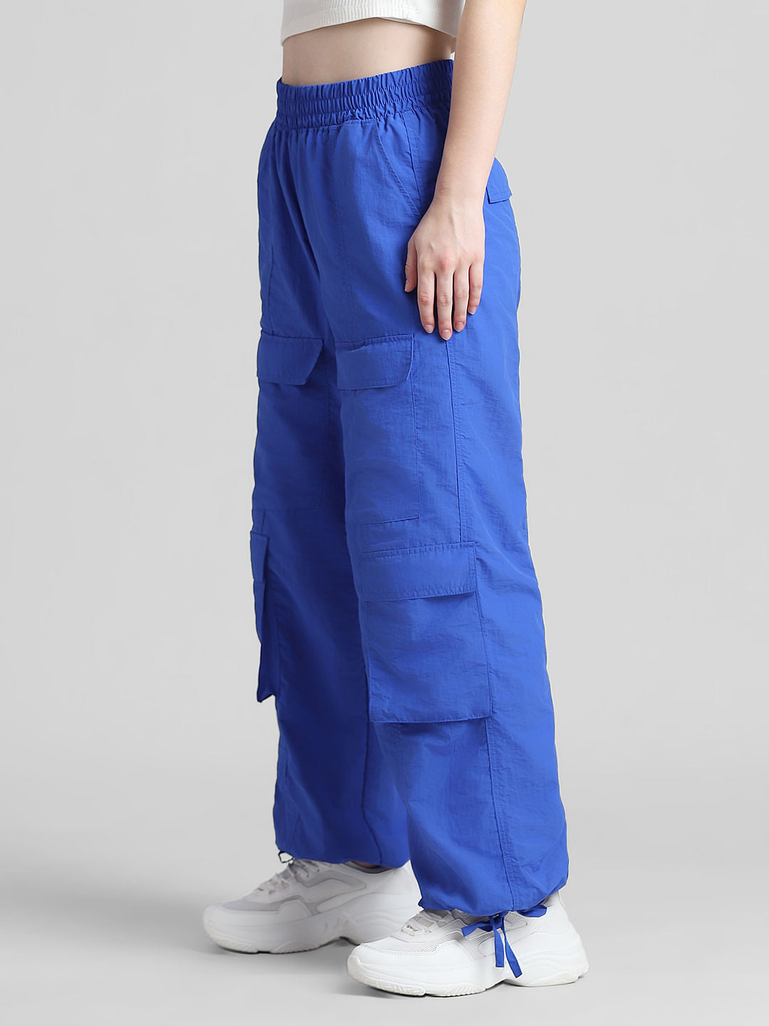 Blue Mid Rise Parachute Cargo Pants