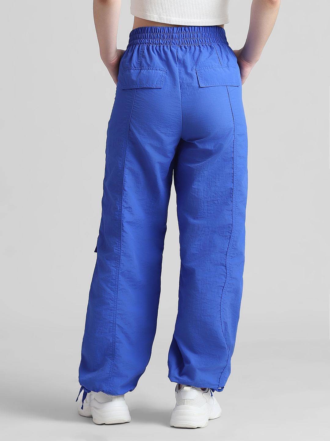 Blue Mid Rise Parachute Cargo Pants