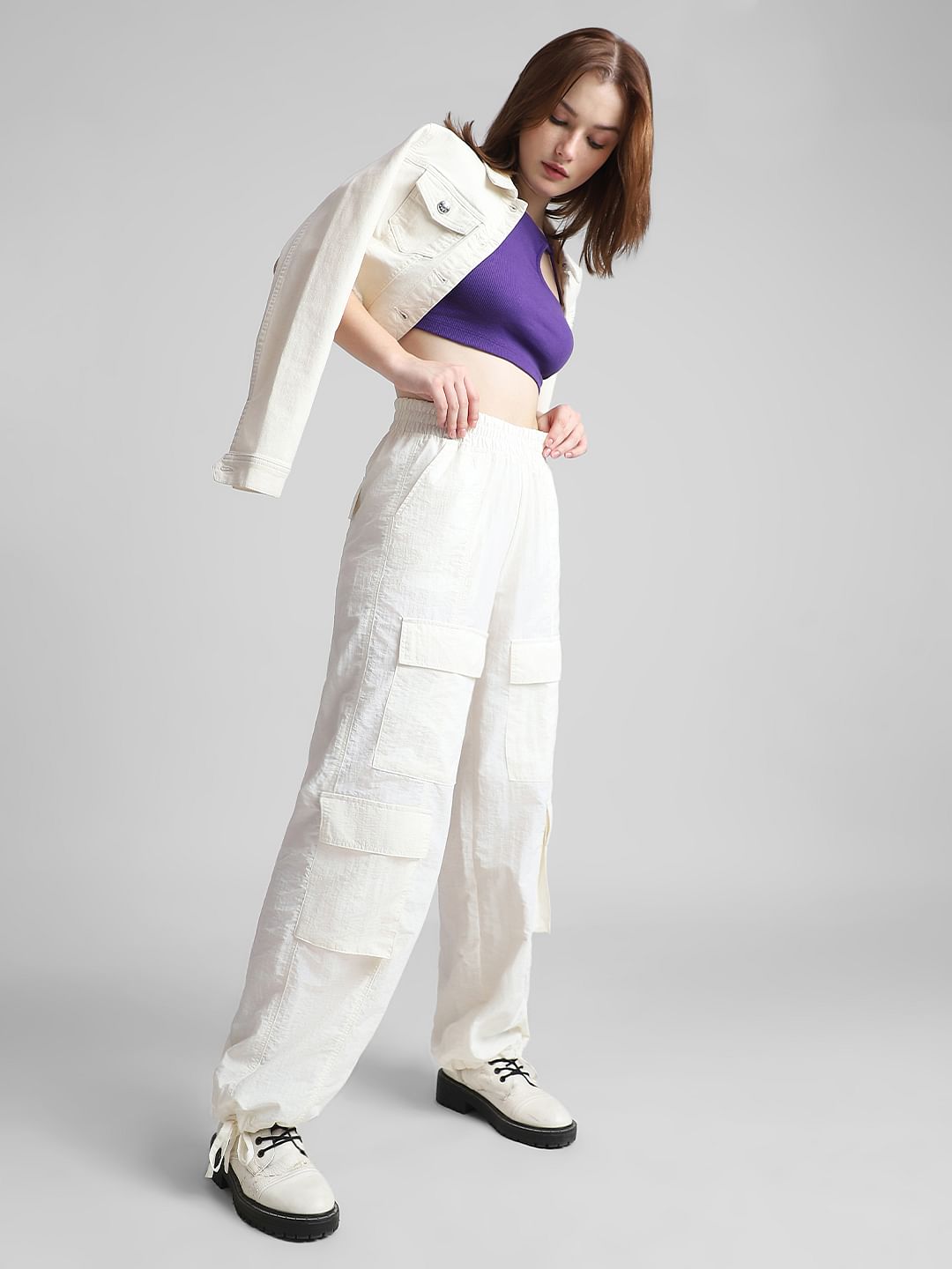 White Mid Rise Parachute Cargo Pants