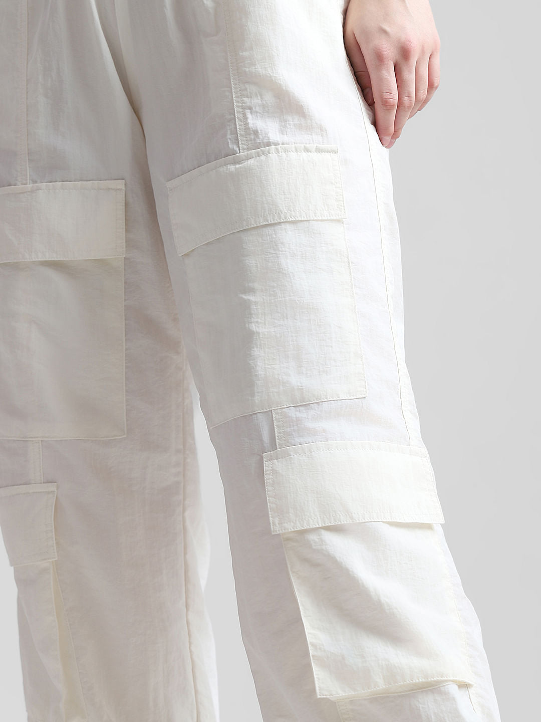 White Mid Rise Parachute Cargo Pants