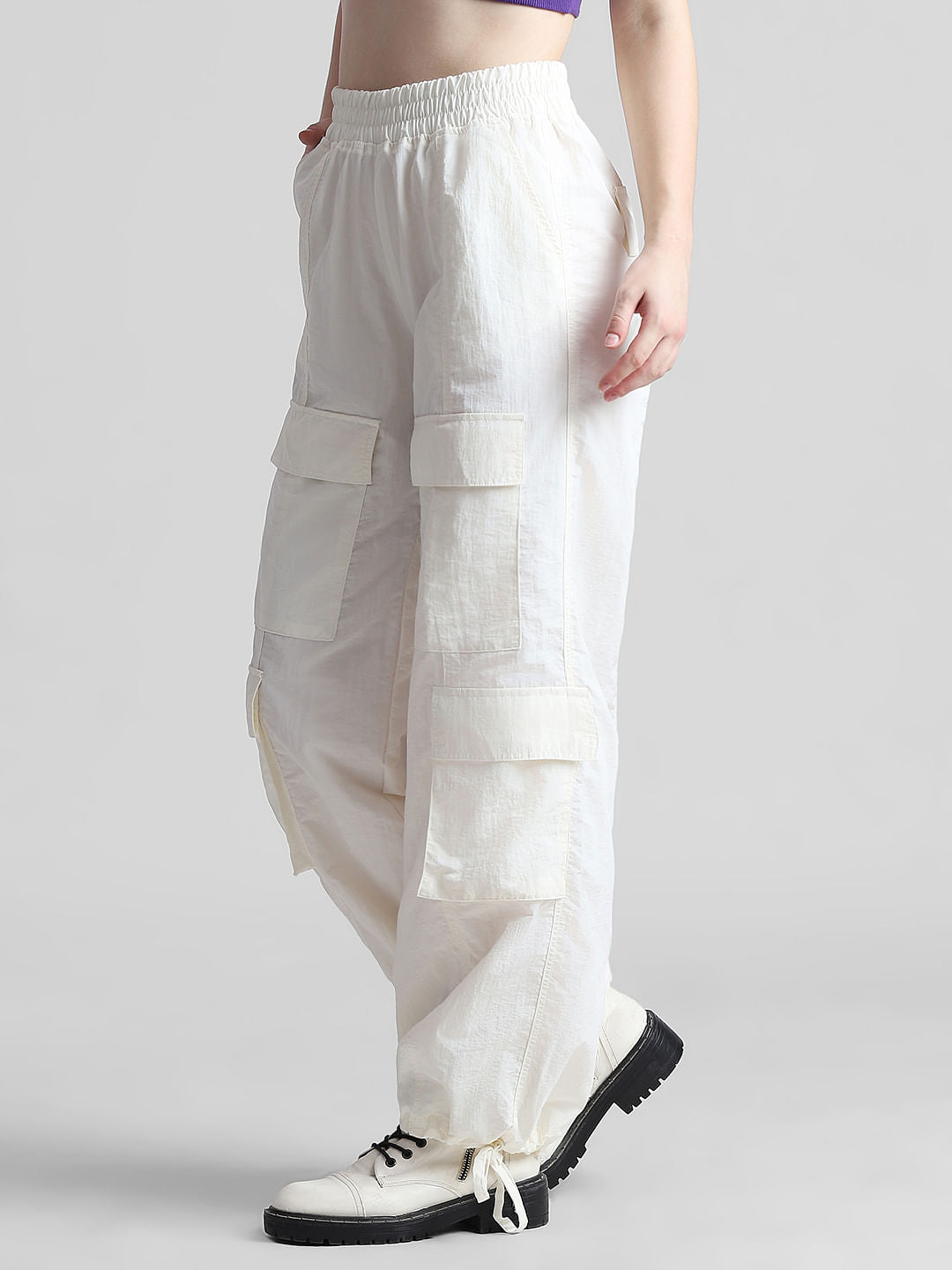 White Mid Rise Parachute Cargo Pants