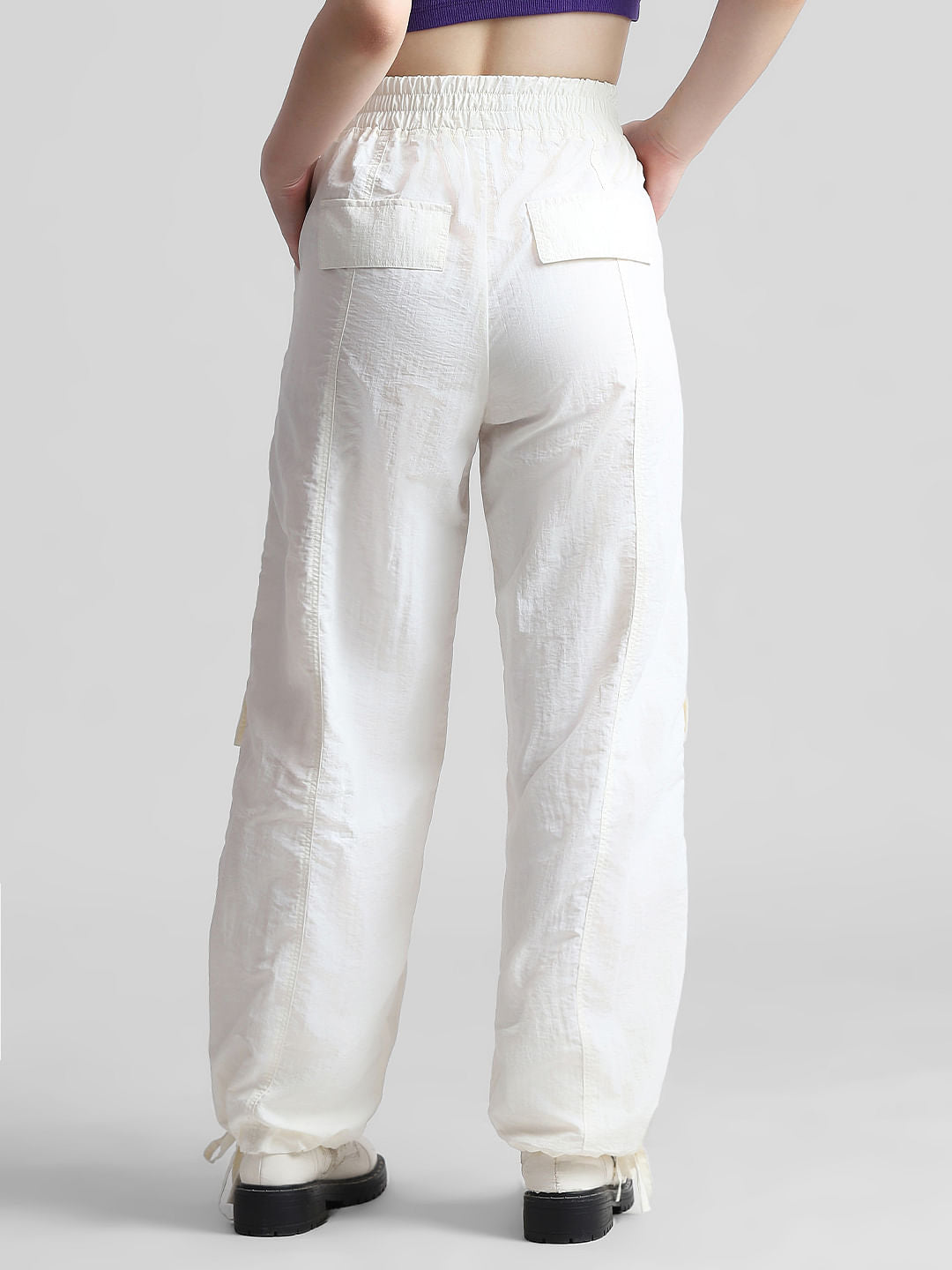 White Mid Rise Parachute Cargo Pants
