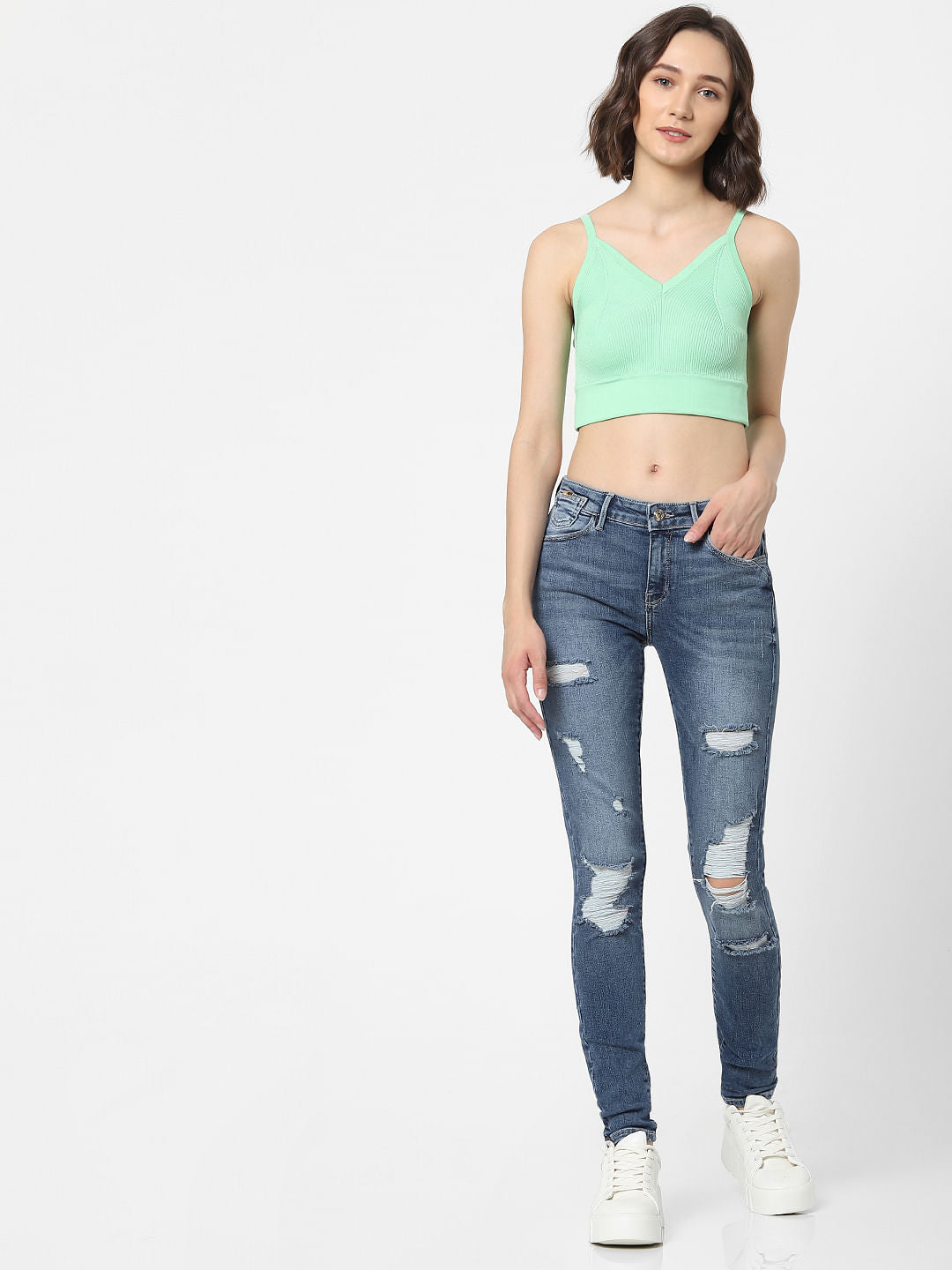 Green Ribbed Crop Top