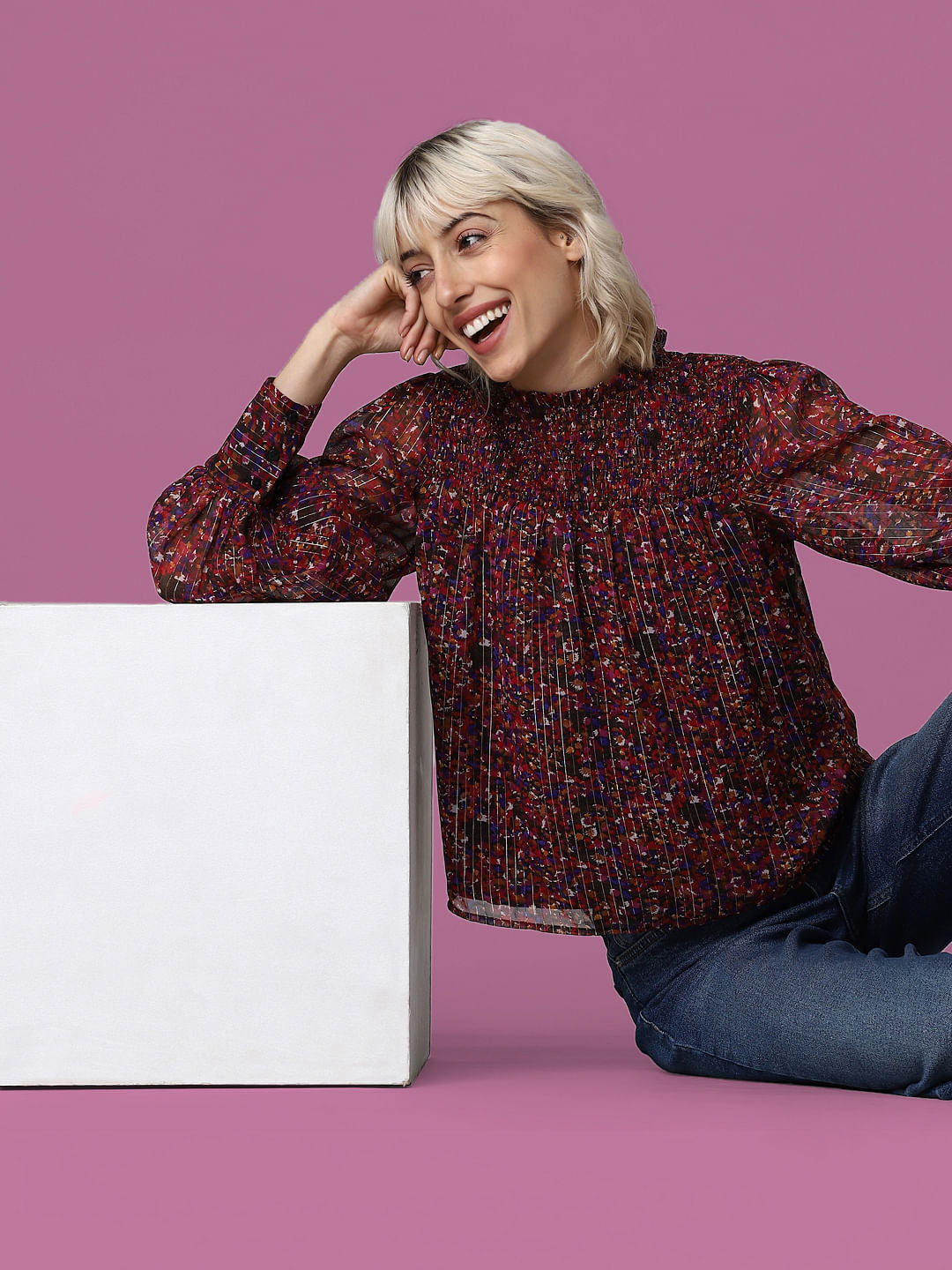 Red Printed Smocked Top