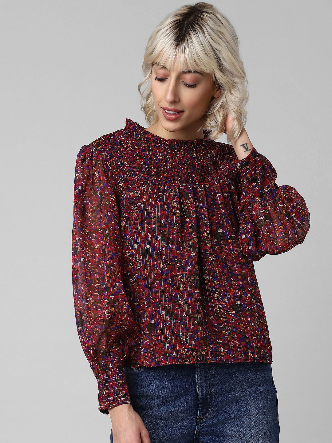 Red Printed Smocked Top