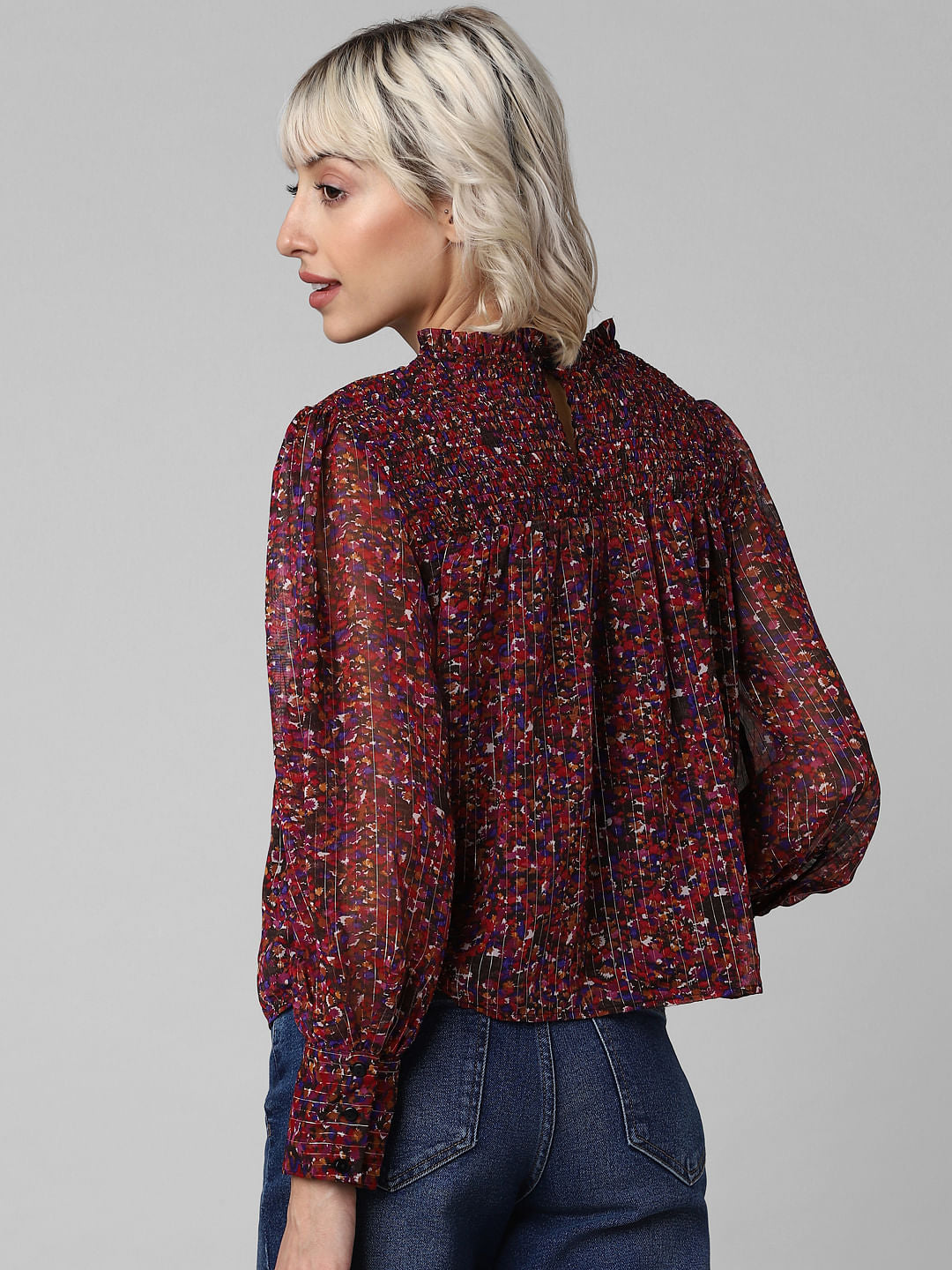 Red Printed Smocked Top