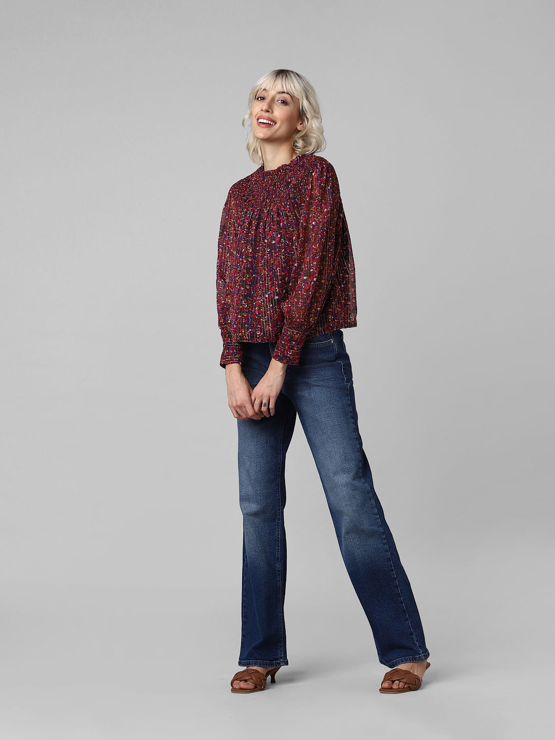 Red Printed Smocked Top