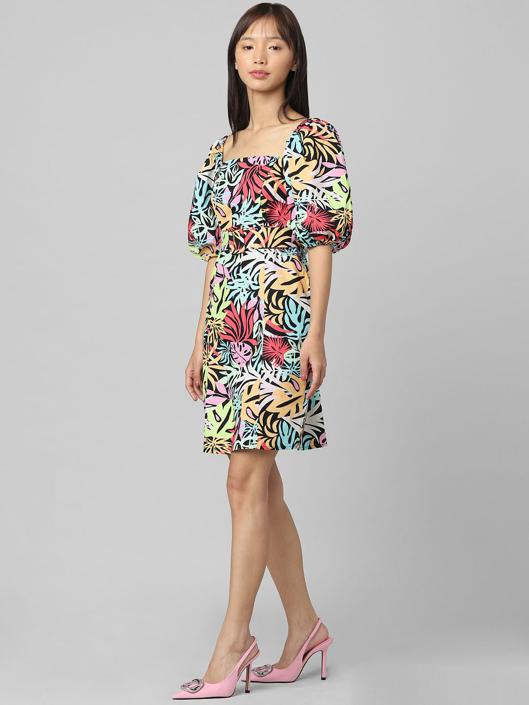 Black Floral Print Mini Dress