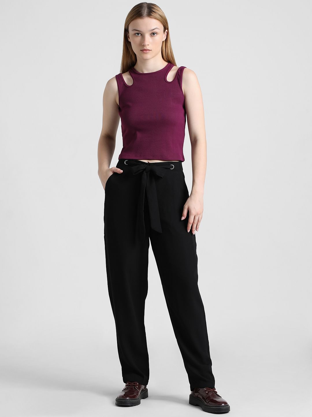 Purple Ribbed Cut-Out Top