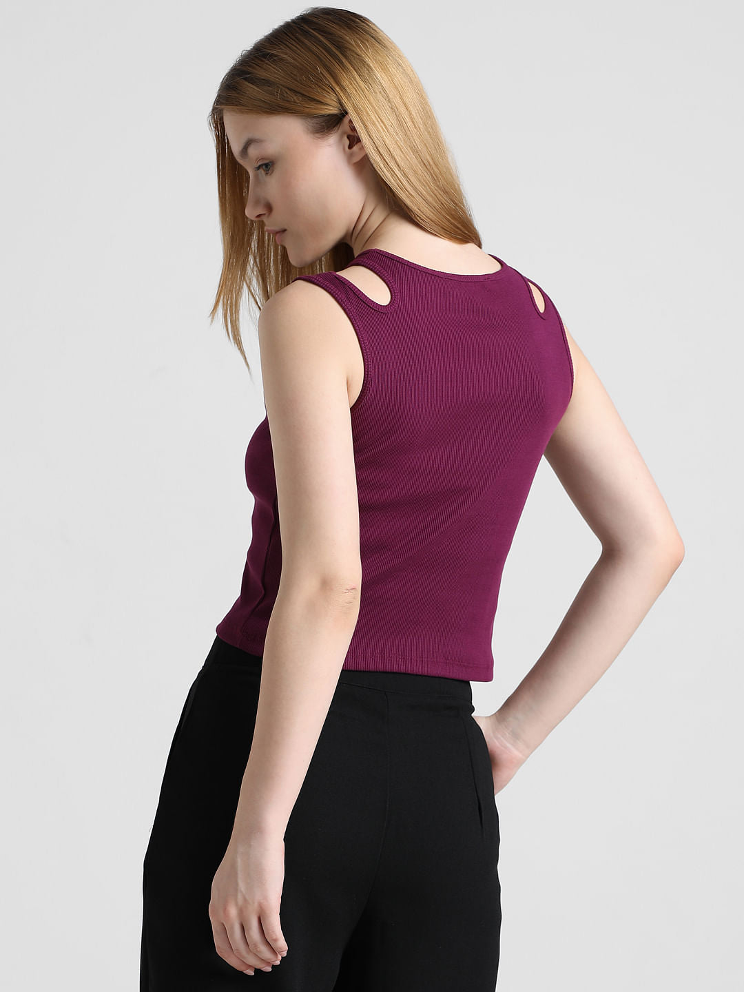 Purple Ribbed Cut-Out Top