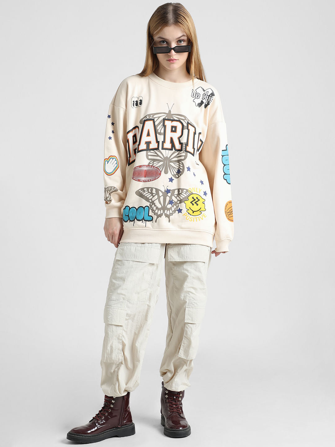 Cream Graphic Print Oversized Sweatshirt