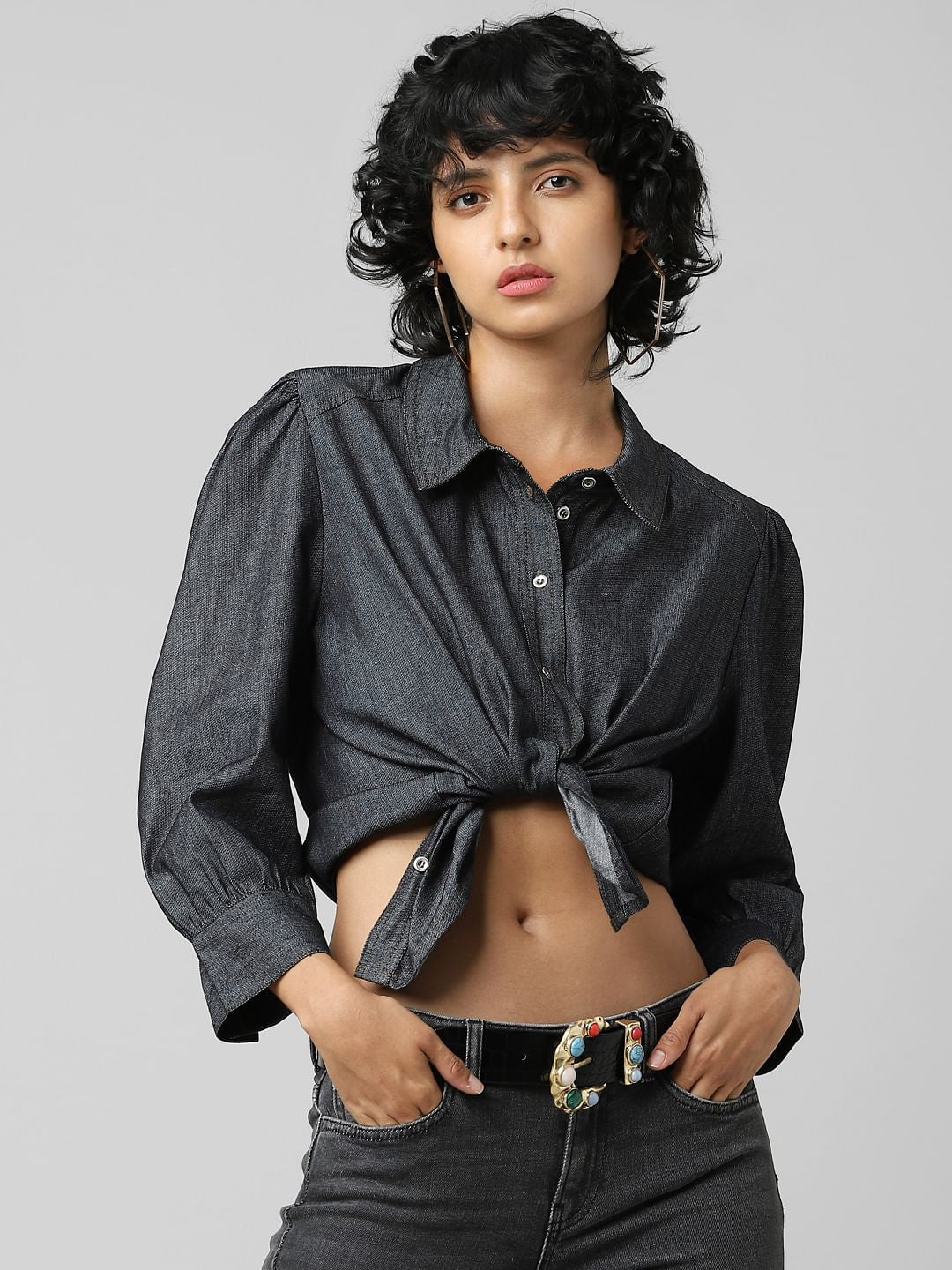 Blue Puff Sleeves Denim Shirt