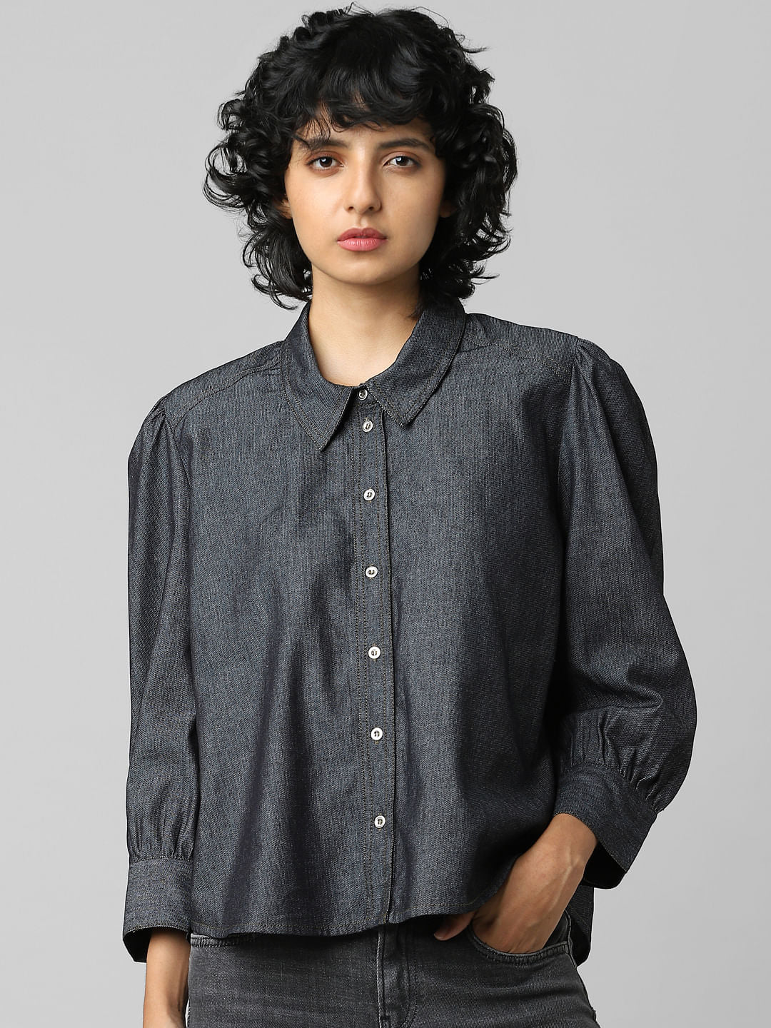 Blue Puff Sleeves Denim Shirt