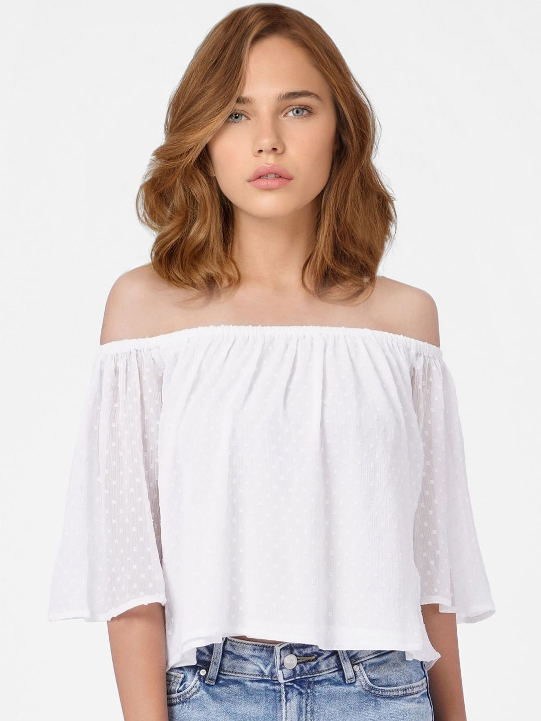 White Off Shoulder Dobby Top
