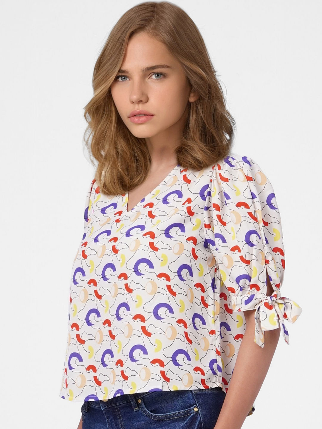 White Abstract Print Top