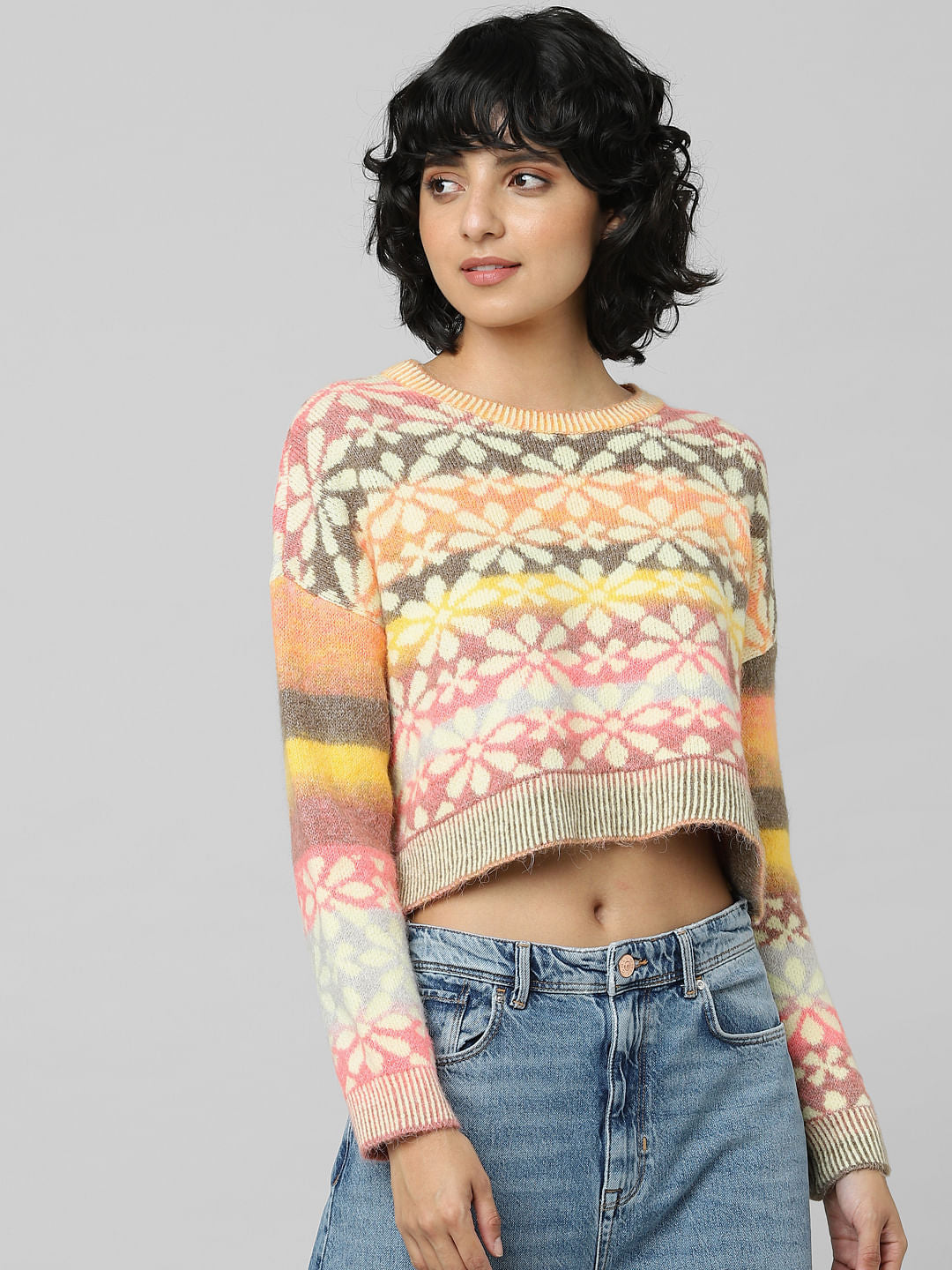 Pink Floral Jacquard Knit Pullover