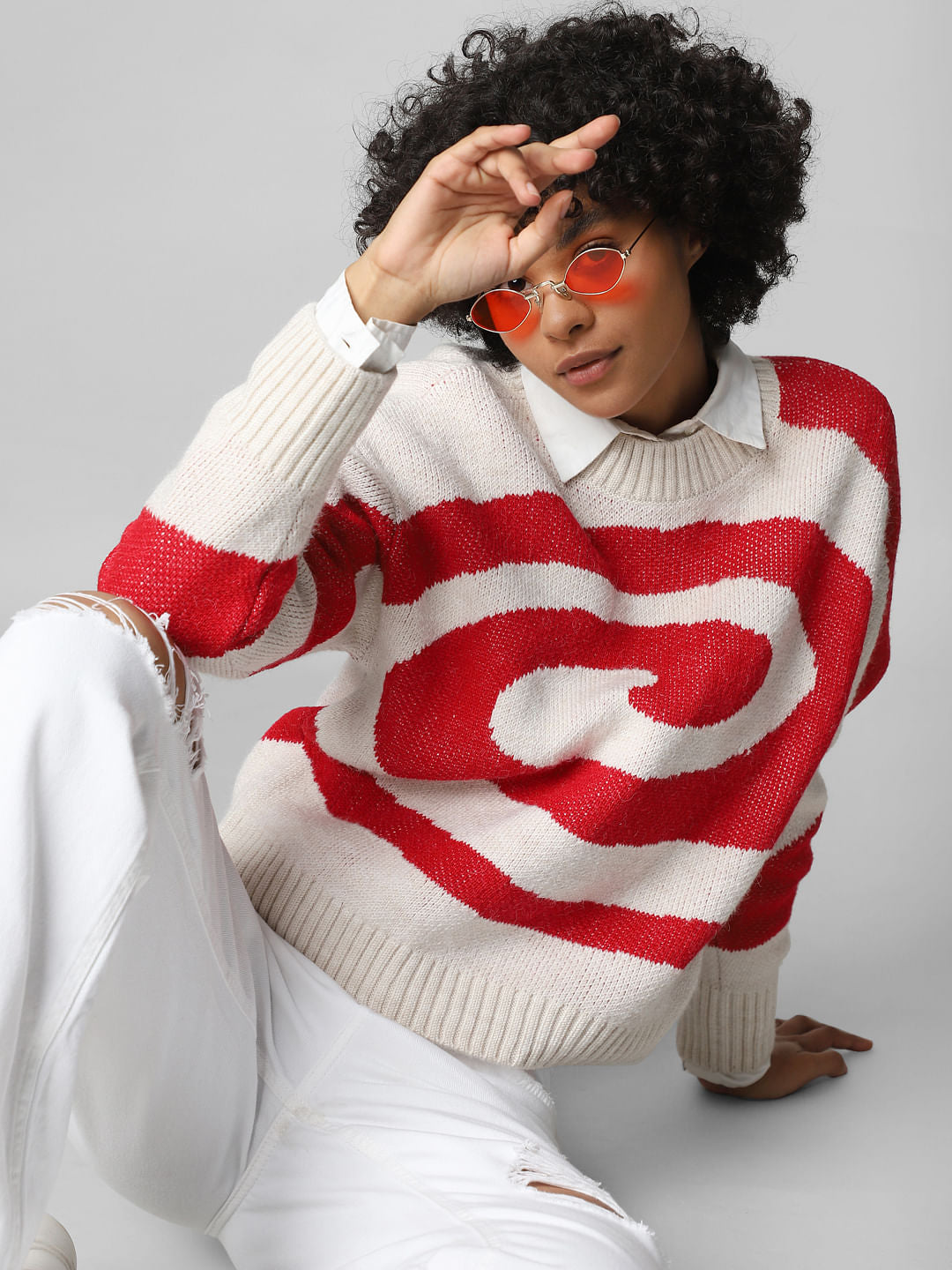 Beige Abstract Print Jacquard-Knit Pullover