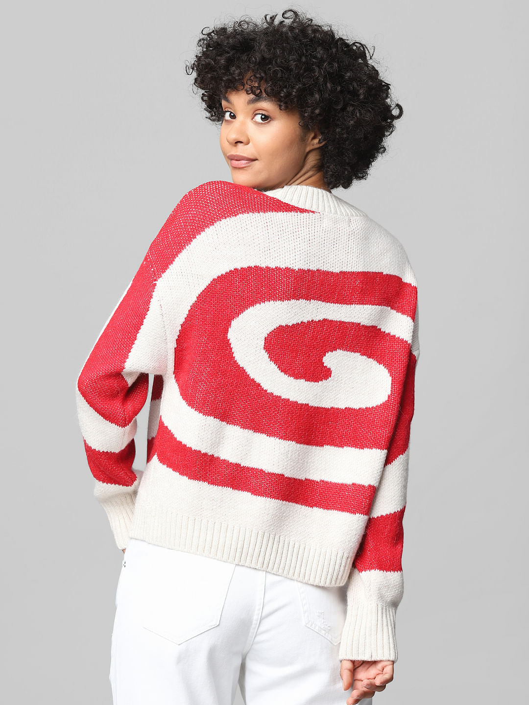 Beige Abstract Print Jacquard-Knit Pullover